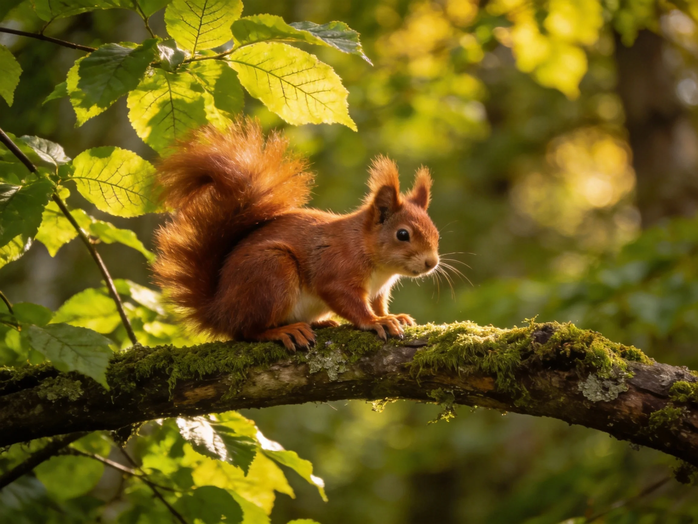 A fluffy red squirrel perches on a mossy forest branch