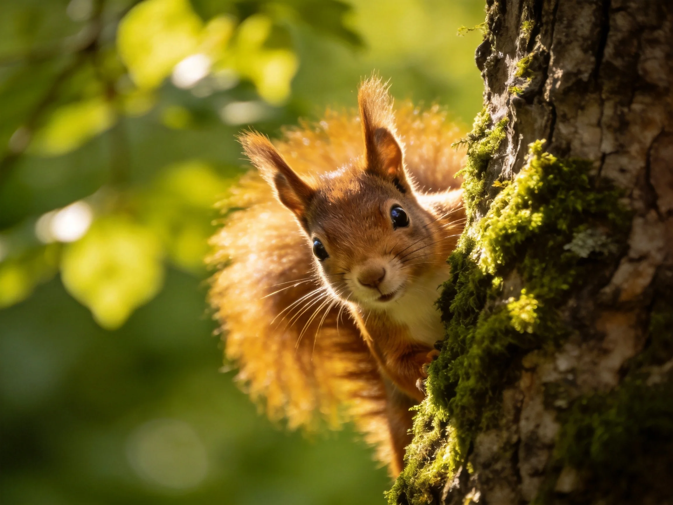 A fluffy reddish - brown squirrel peeks from a moss - covered tree trunk