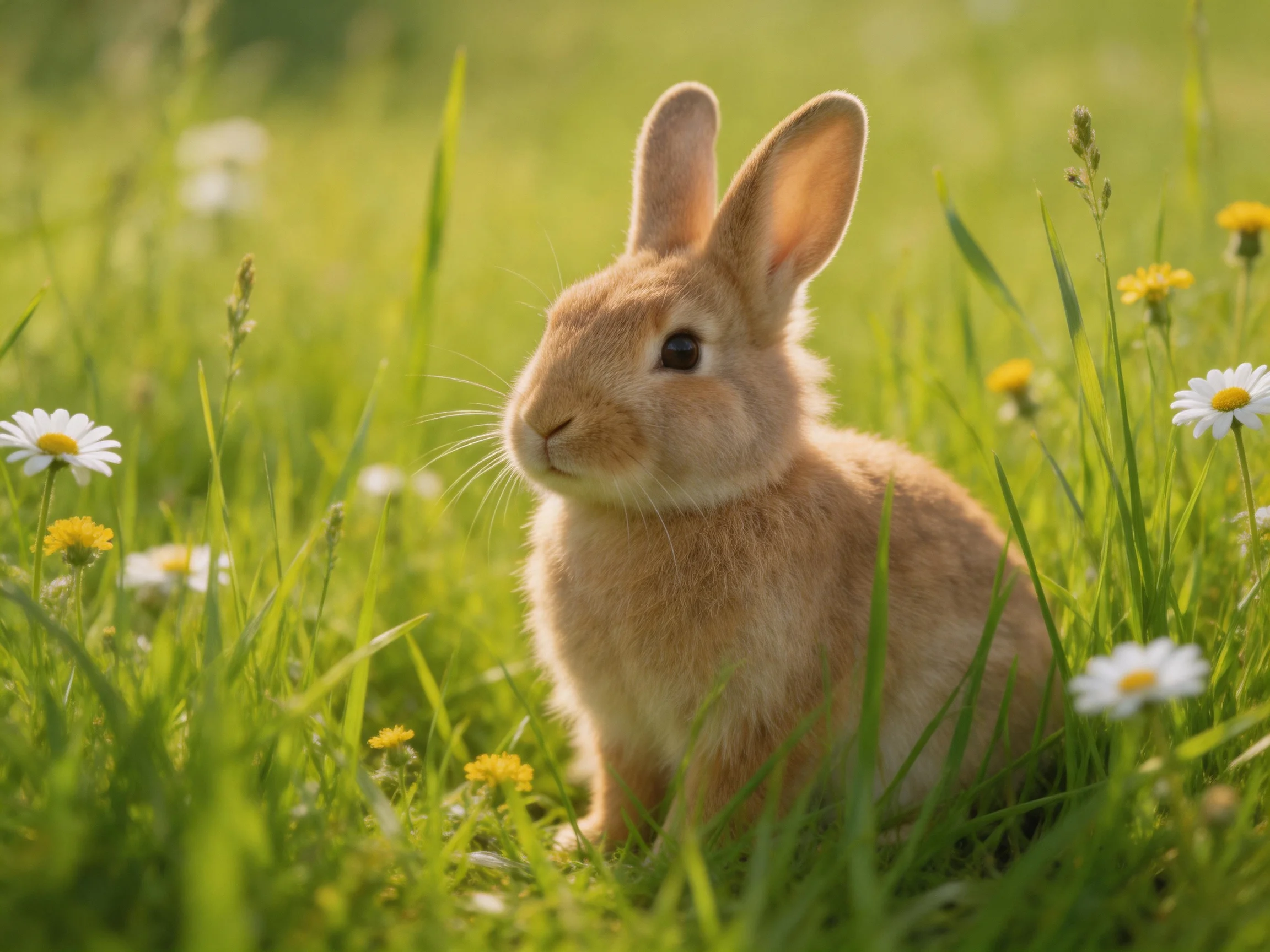 A fluffy tan rabbit sitting in tall green grass with white and yellow flowers
