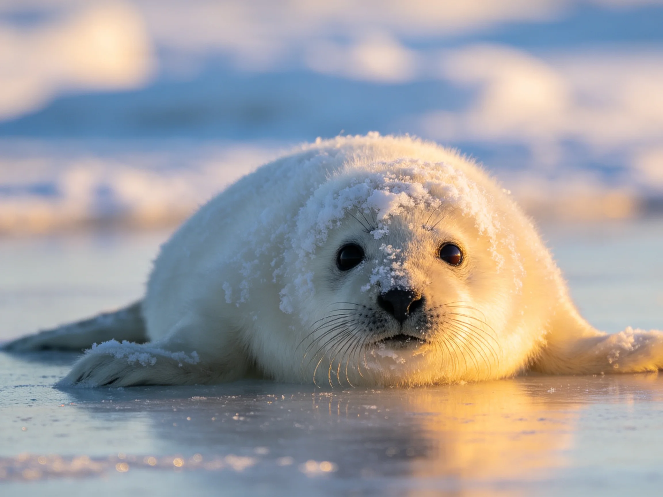 A fluffy white harp seal pup resting on icy terrain
