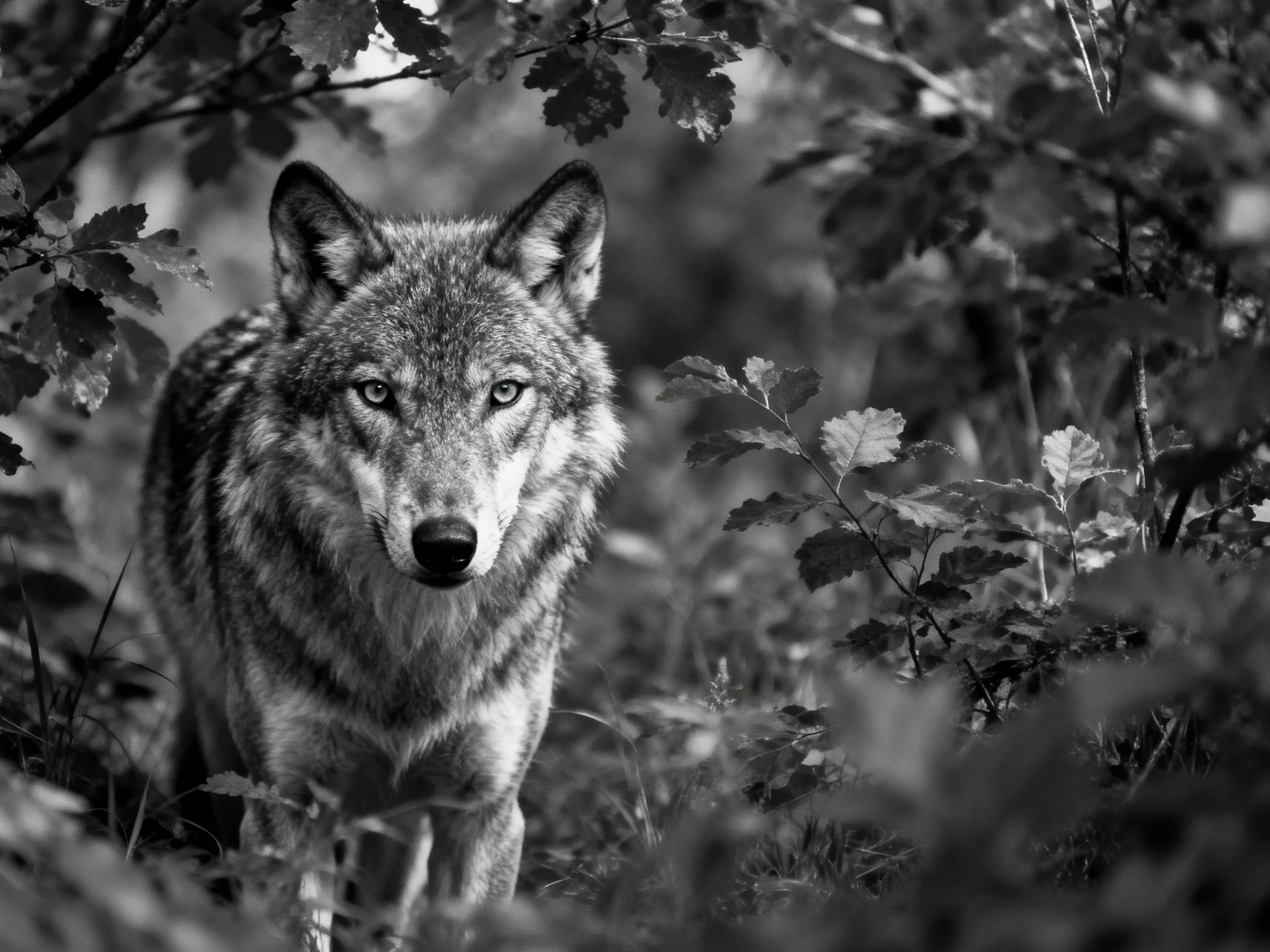 A focused gray wolf stands amid dense foliage in a monochrome woodland.