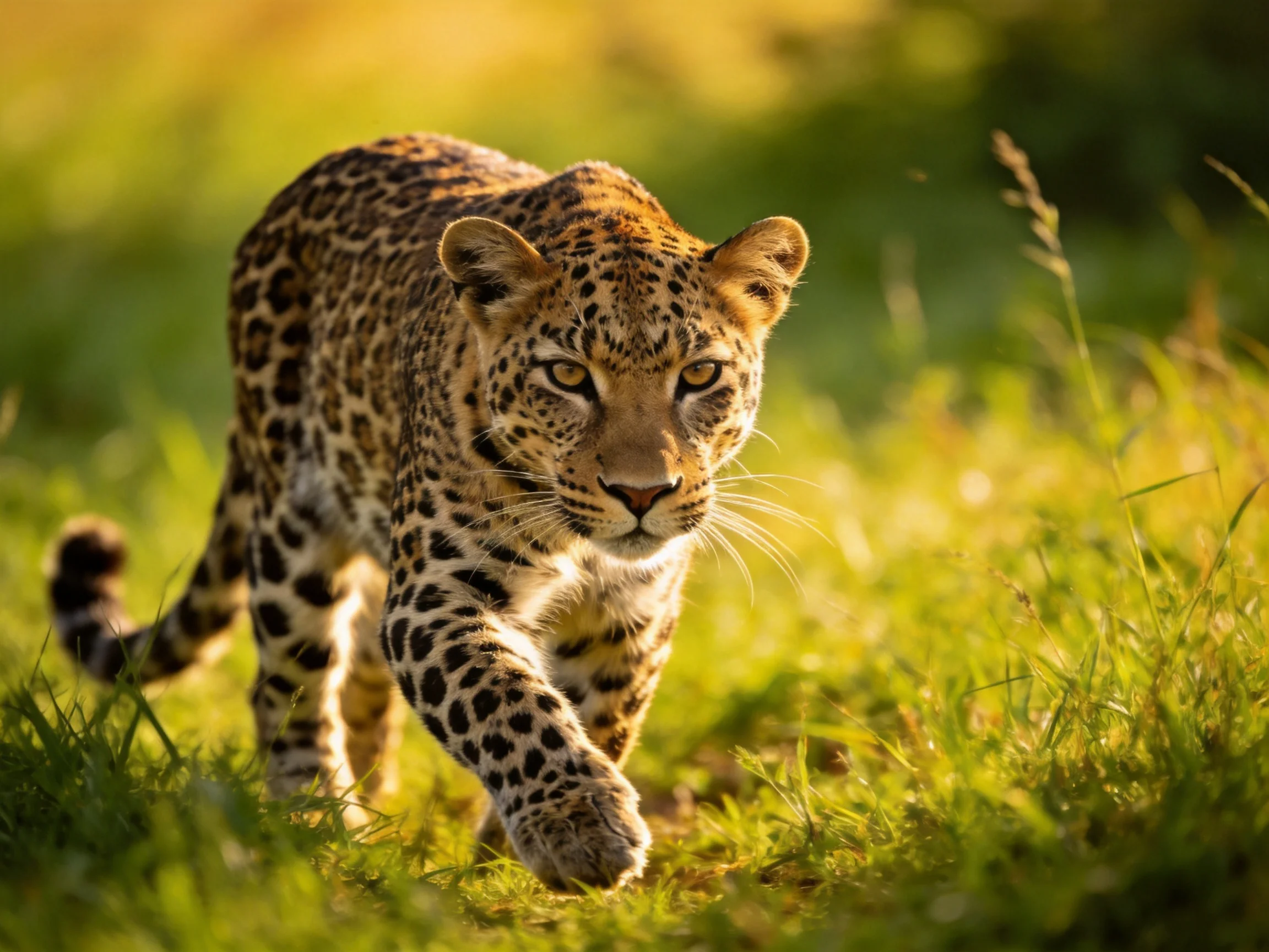 A focused leopard roams through verdant grass under golden light