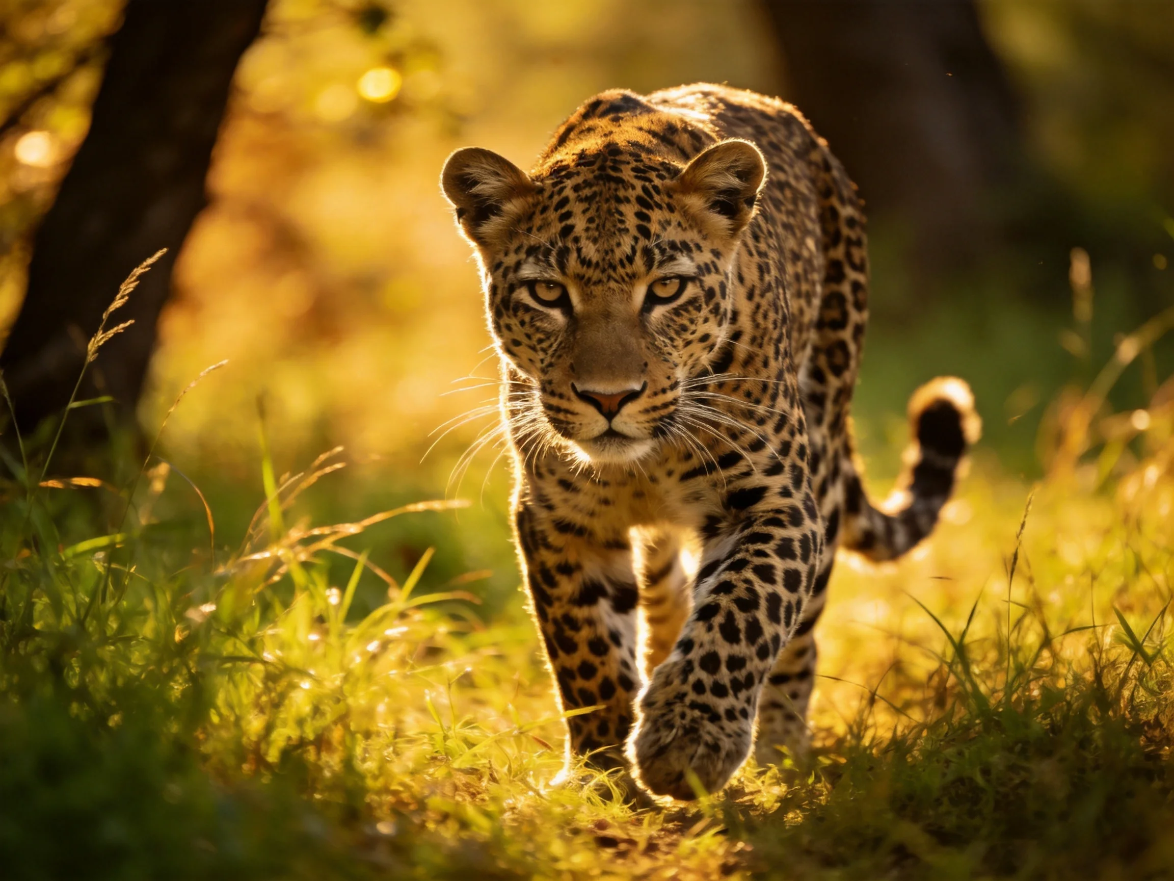 A leopard walks forward through sunlit grass in a natural landscape.