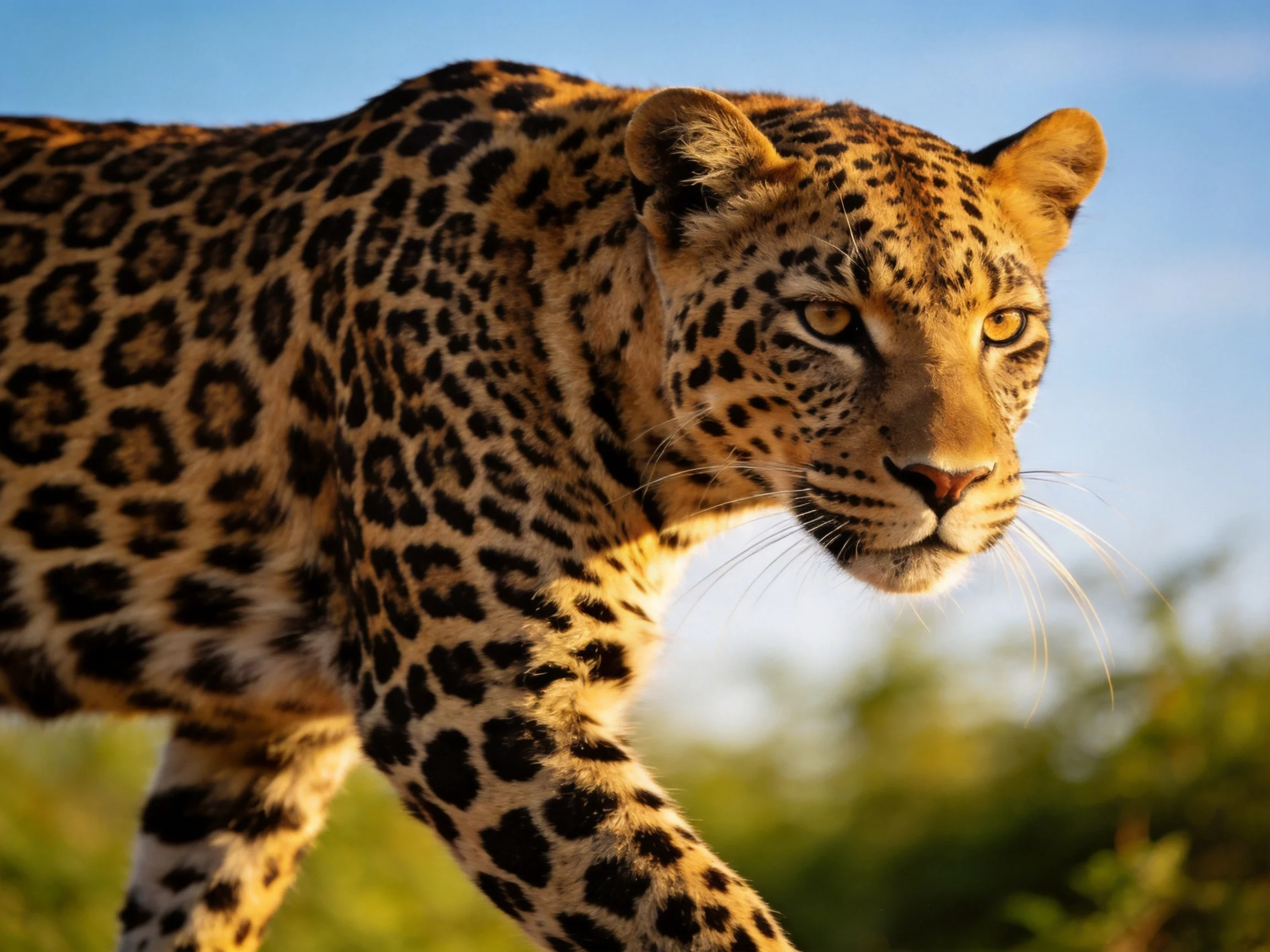 A focused leopard with golden - spotted fur in natural light