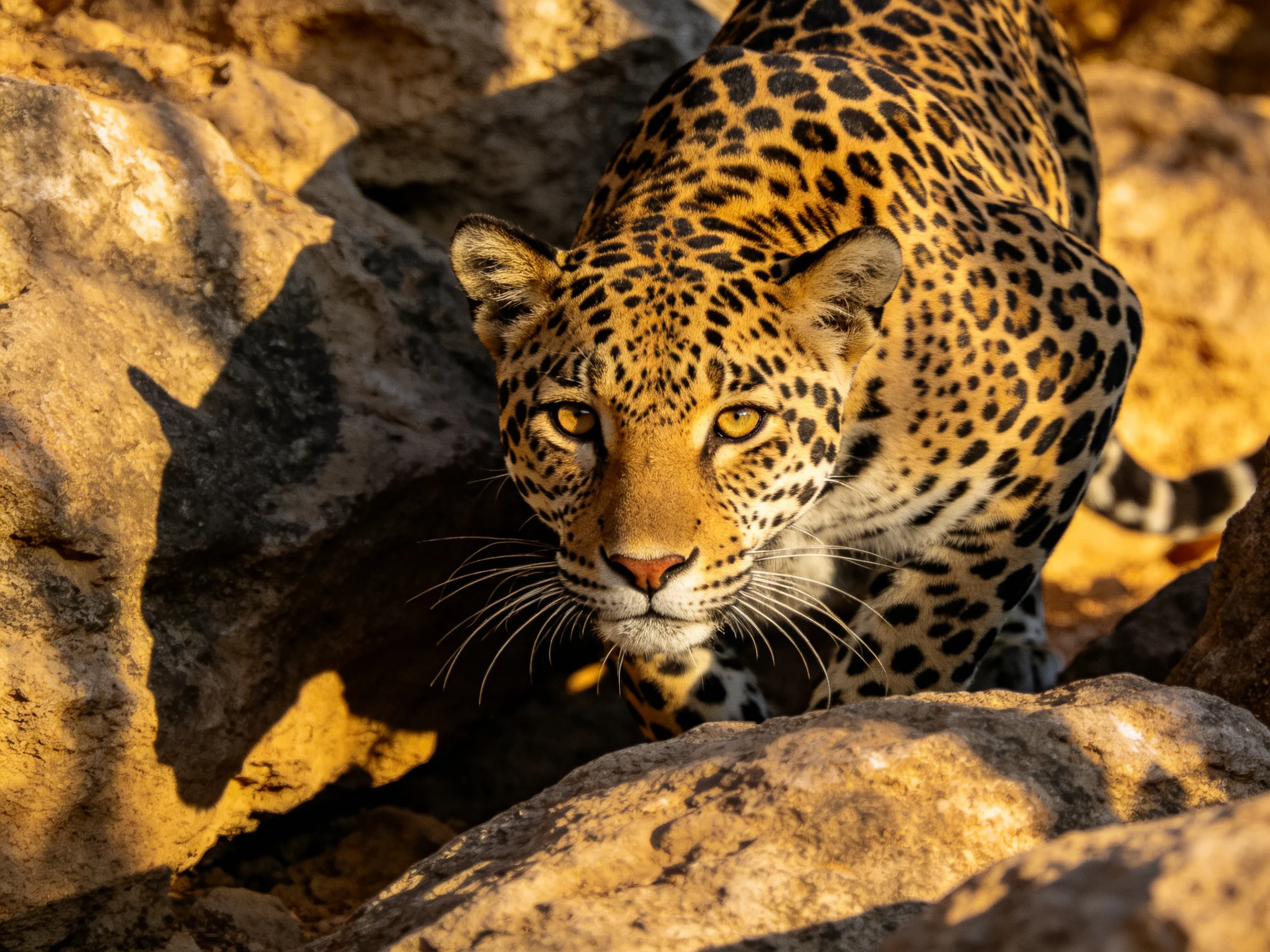A focused leopard with golden-spotted fur navigates rocky terrain