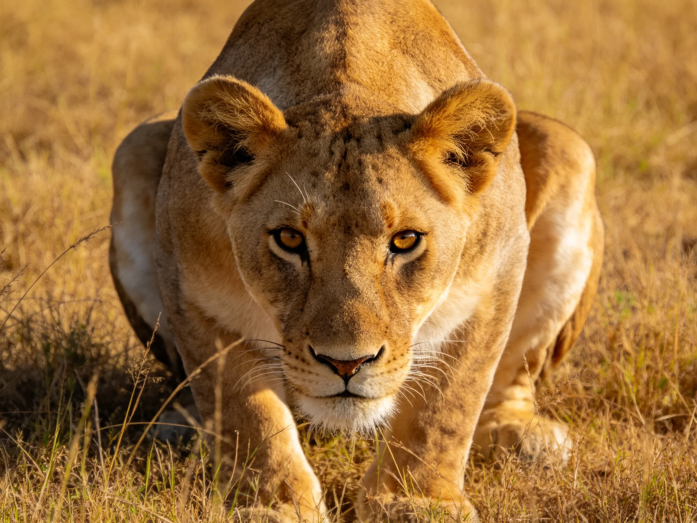 A focused lioness crouches in golden savannah grasses