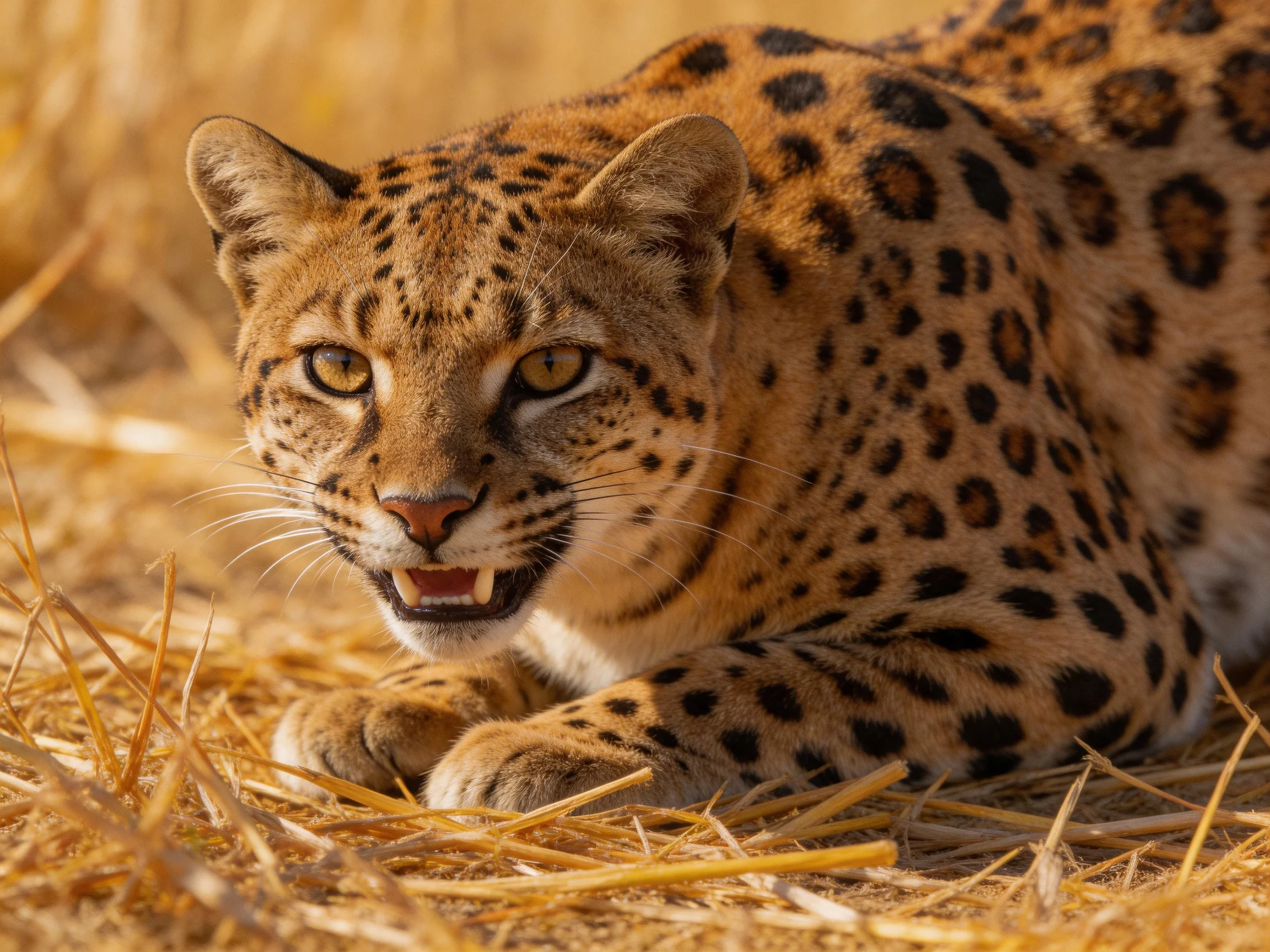 A focused wild cat resting in golden straw with dark spots