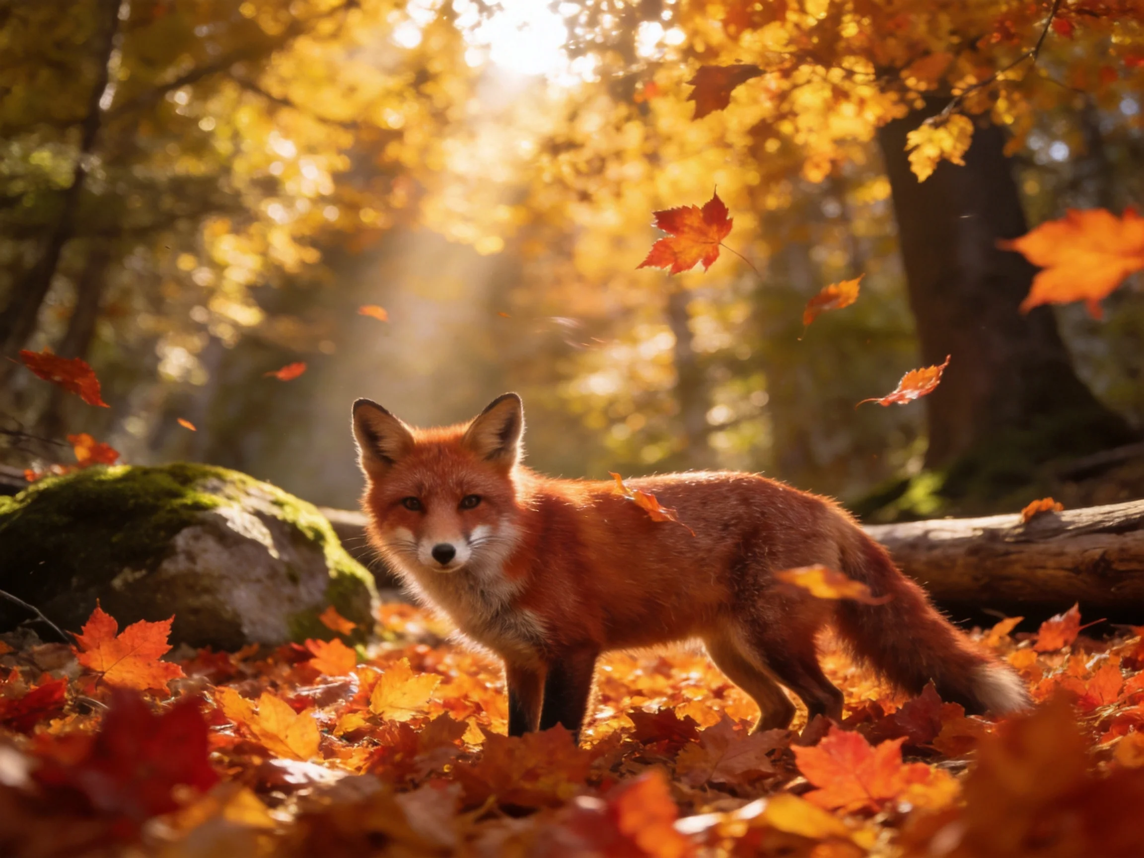 A fox amidst vibrant autumn leaves in a sun-dappled forest