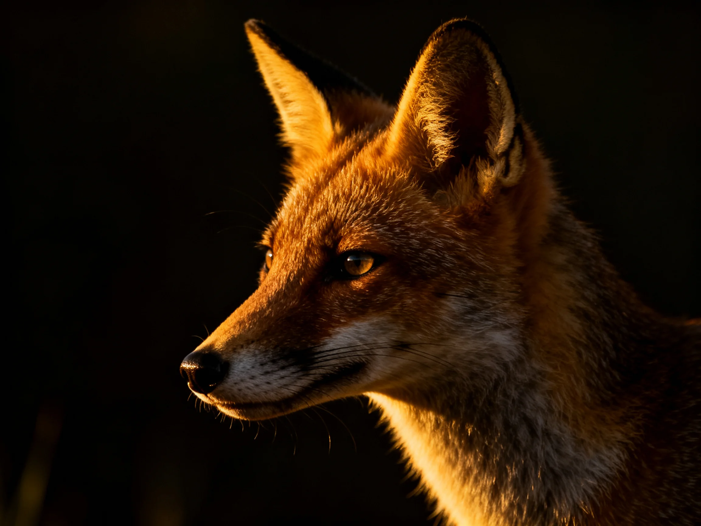 A fox illuminated by golden light against dark surroundings