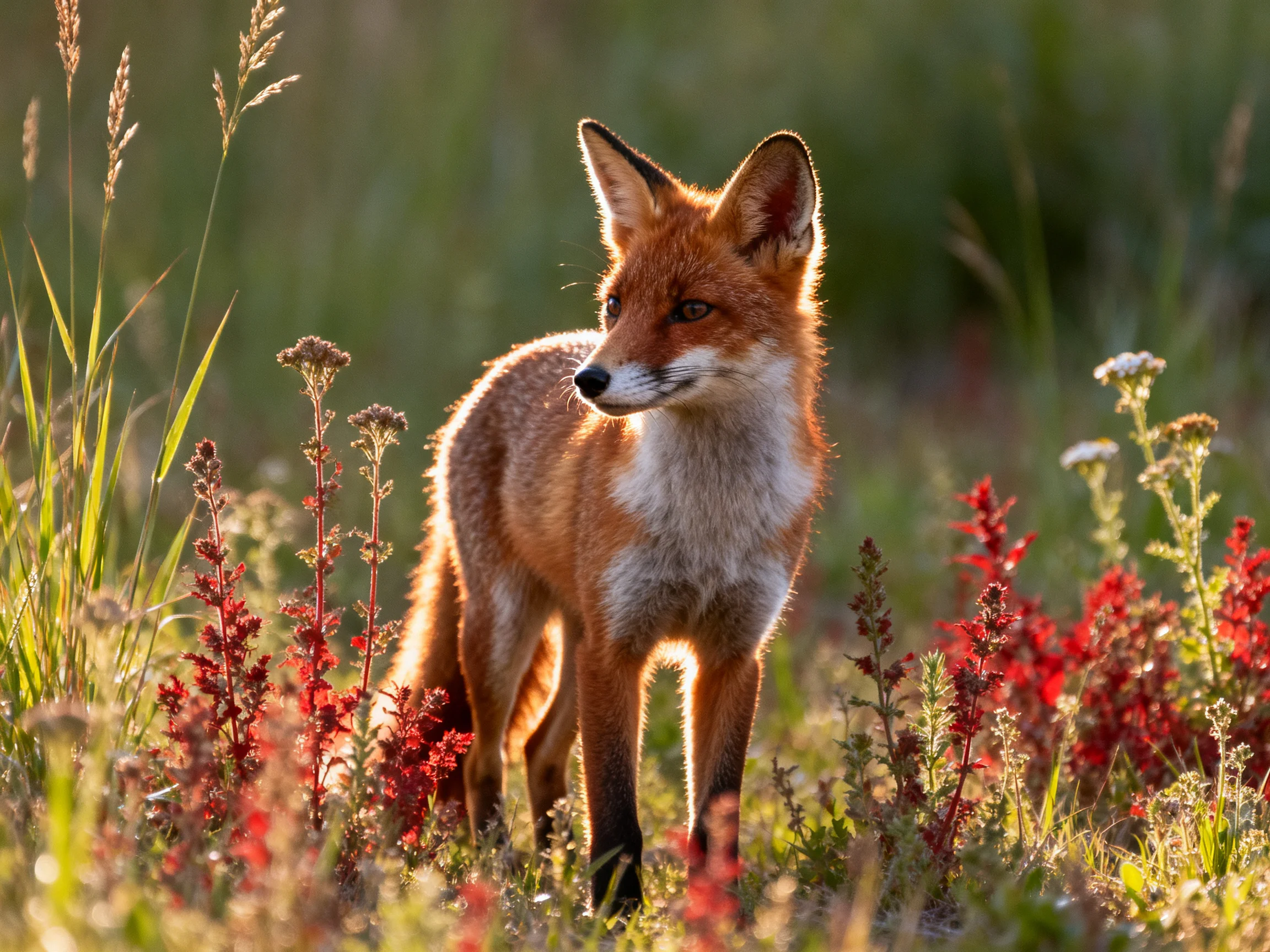 A fox is surrounded by colorful wildflowers and tall grass in a sunlit meadow.
