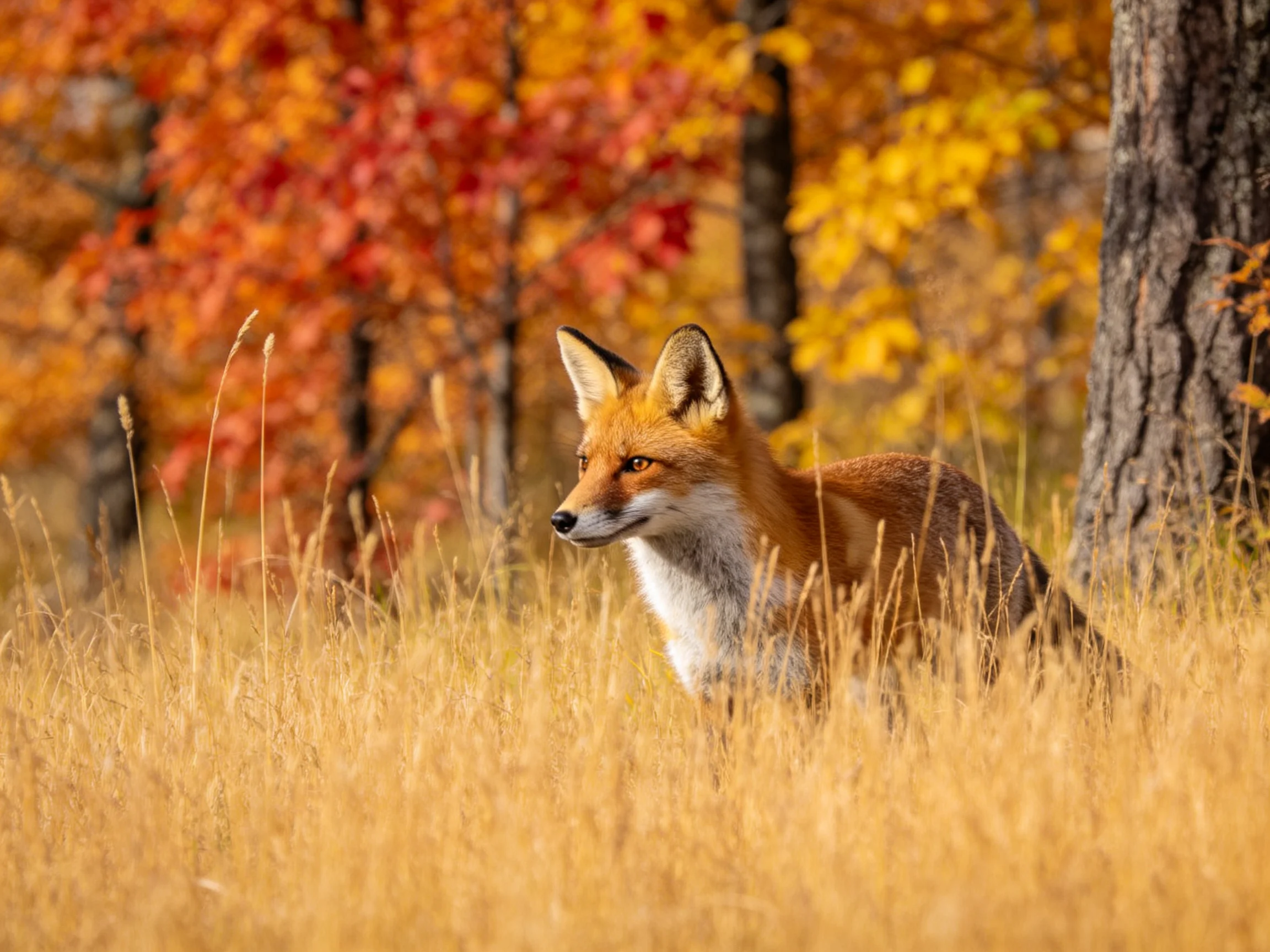 A fox in golden grass among colorful autumn trees