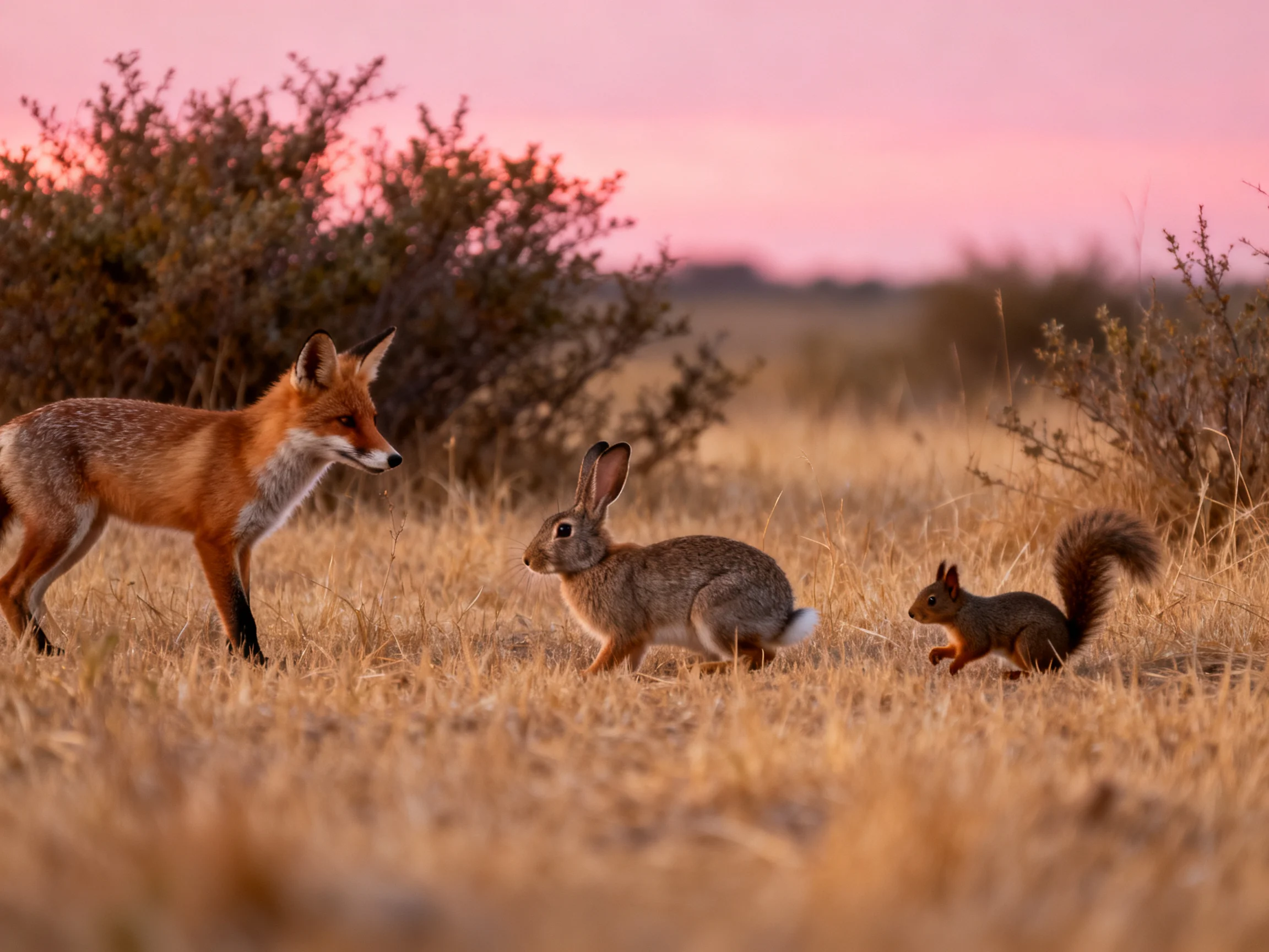 A fox, rabbit, and squirrel in a golden field at sunset