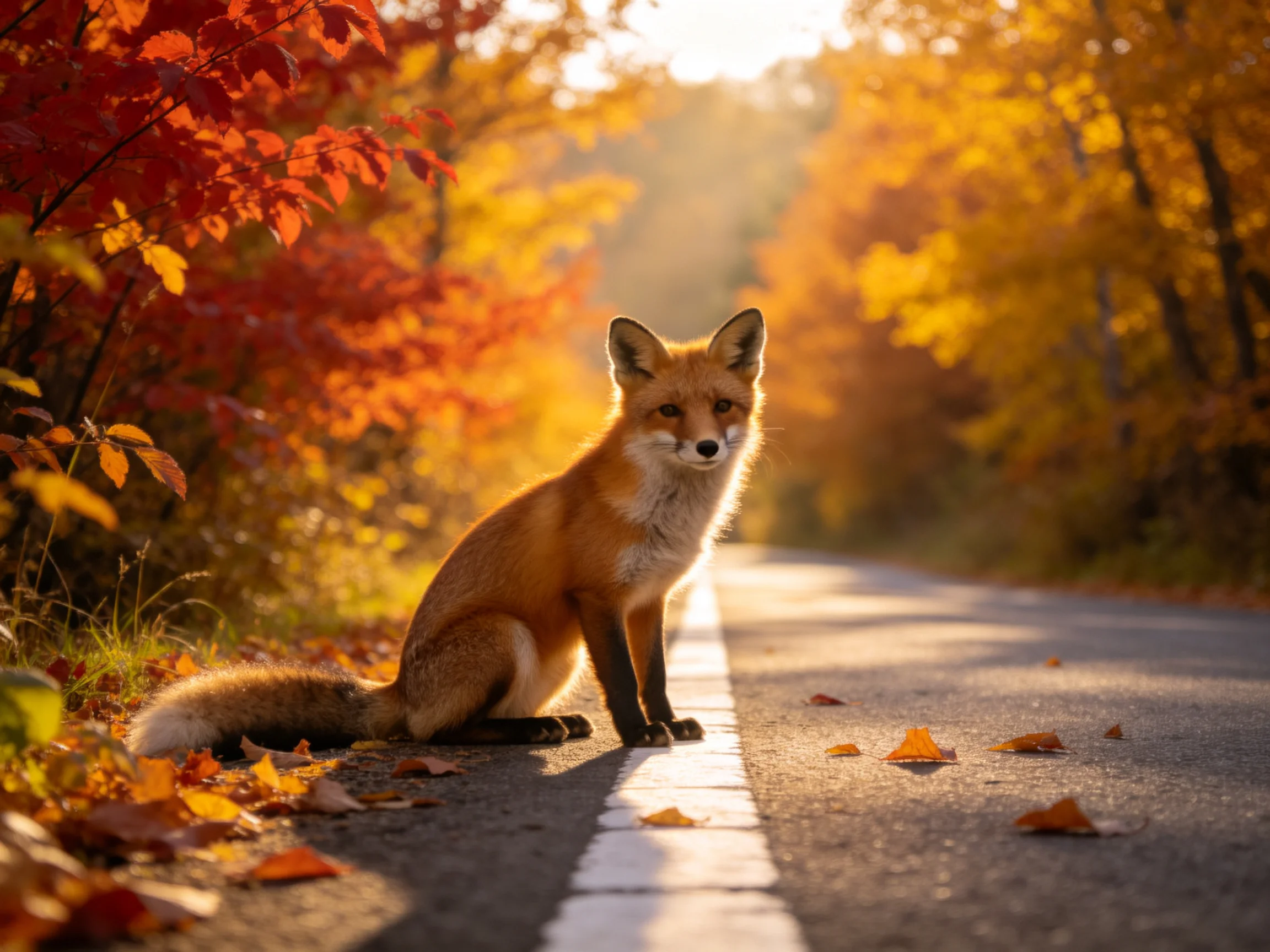 A fox sits on a sunlit autumn road amid vibrant foliage
