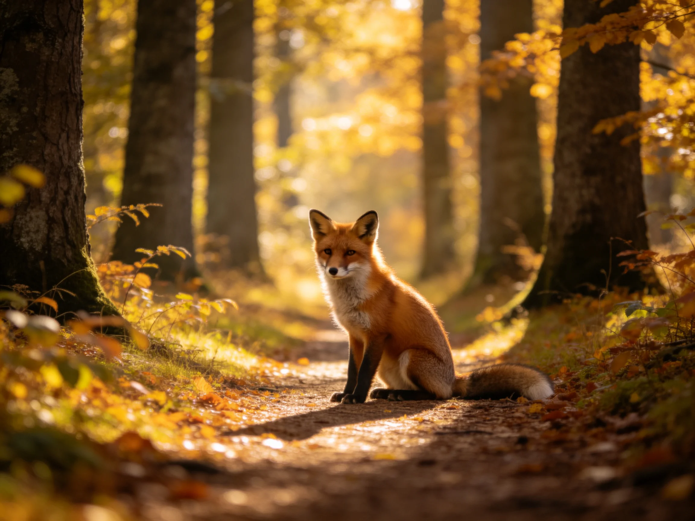A fox rests on a sun-dappled forest path surrounded by golden trees.