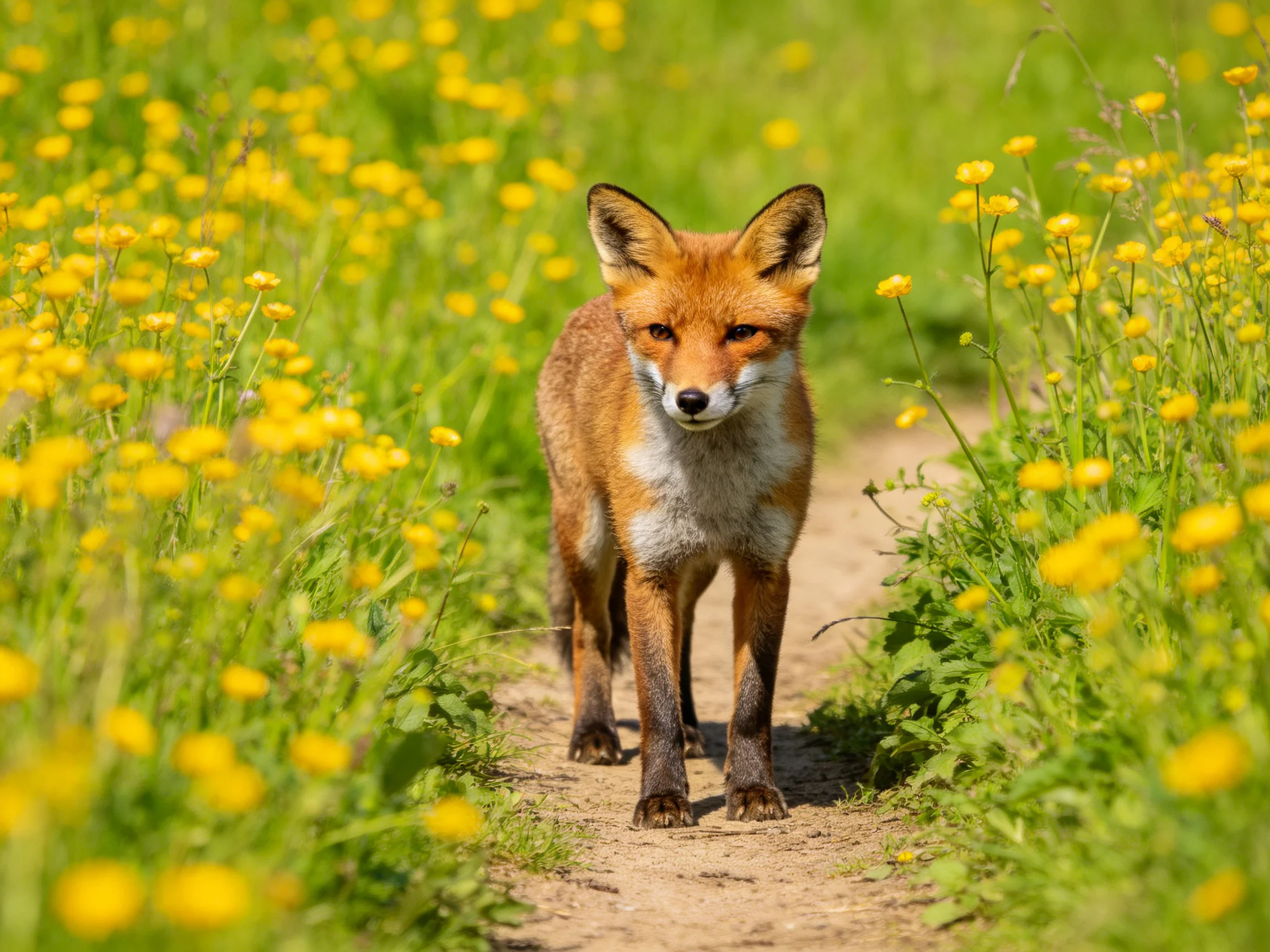 A fox walks down a dirt path bordered by yellow wildflowers.