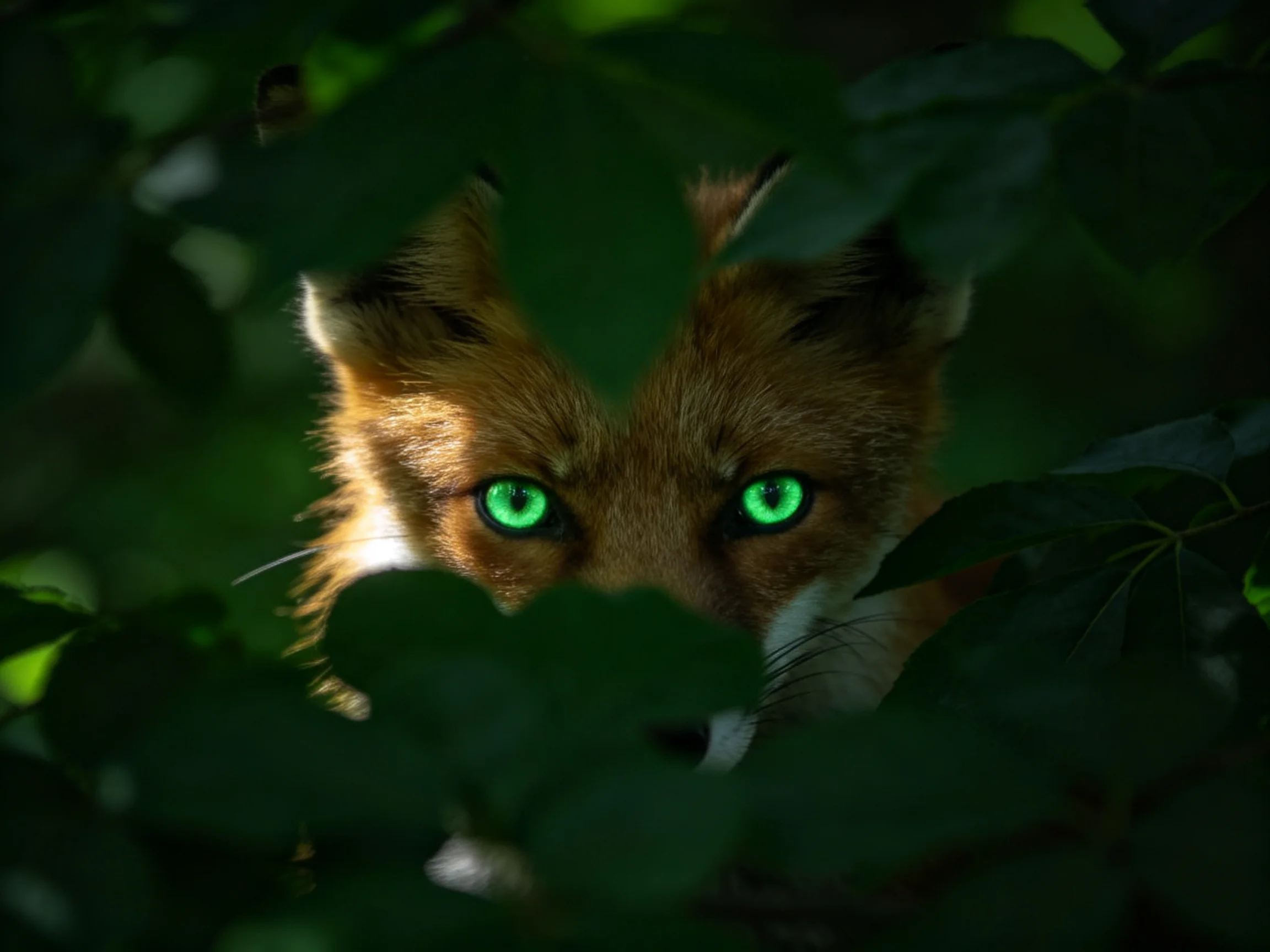 A fox with bright green eyes is partially concealed by dark green leaves.