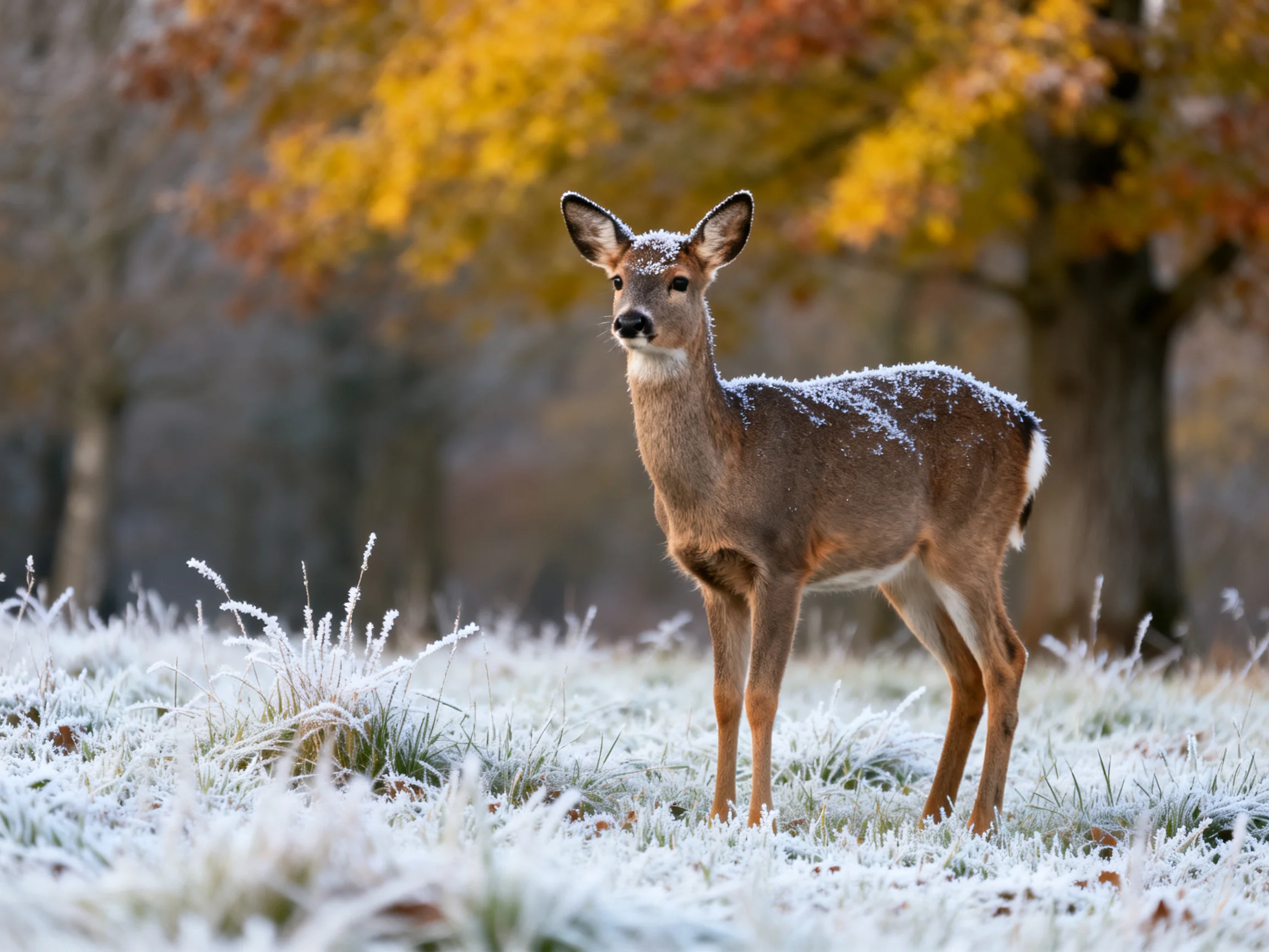 A frost-dusted deer stands in a frosty field near autumn trees.