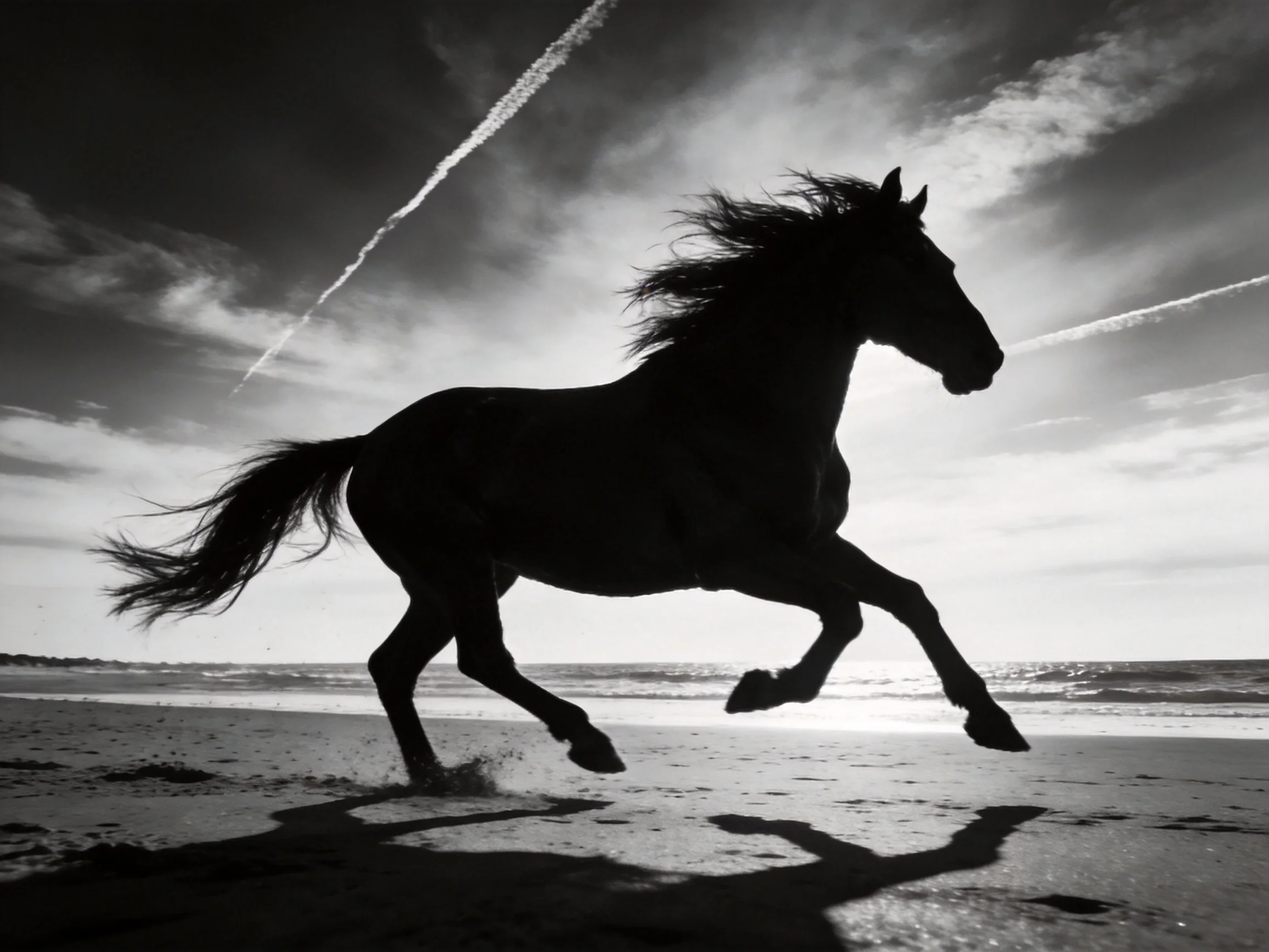 A galloping horse’s silhouette on a sandy beach under dramatic sky