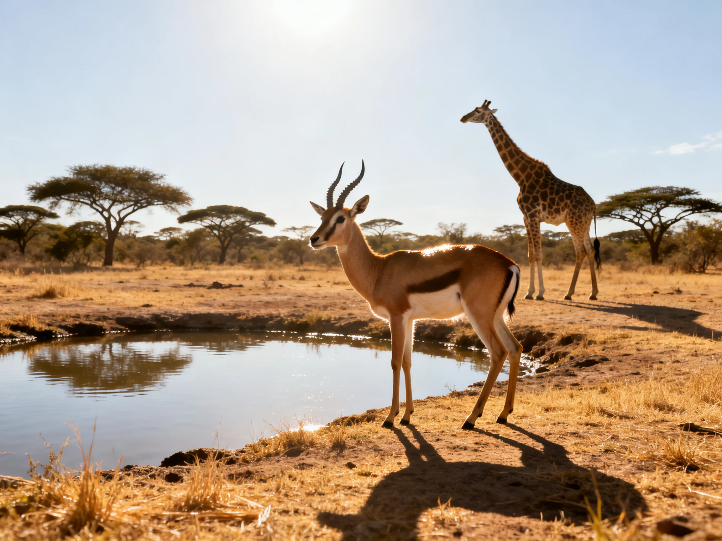 A gazelle and giraffe near a small pond in golden savannah