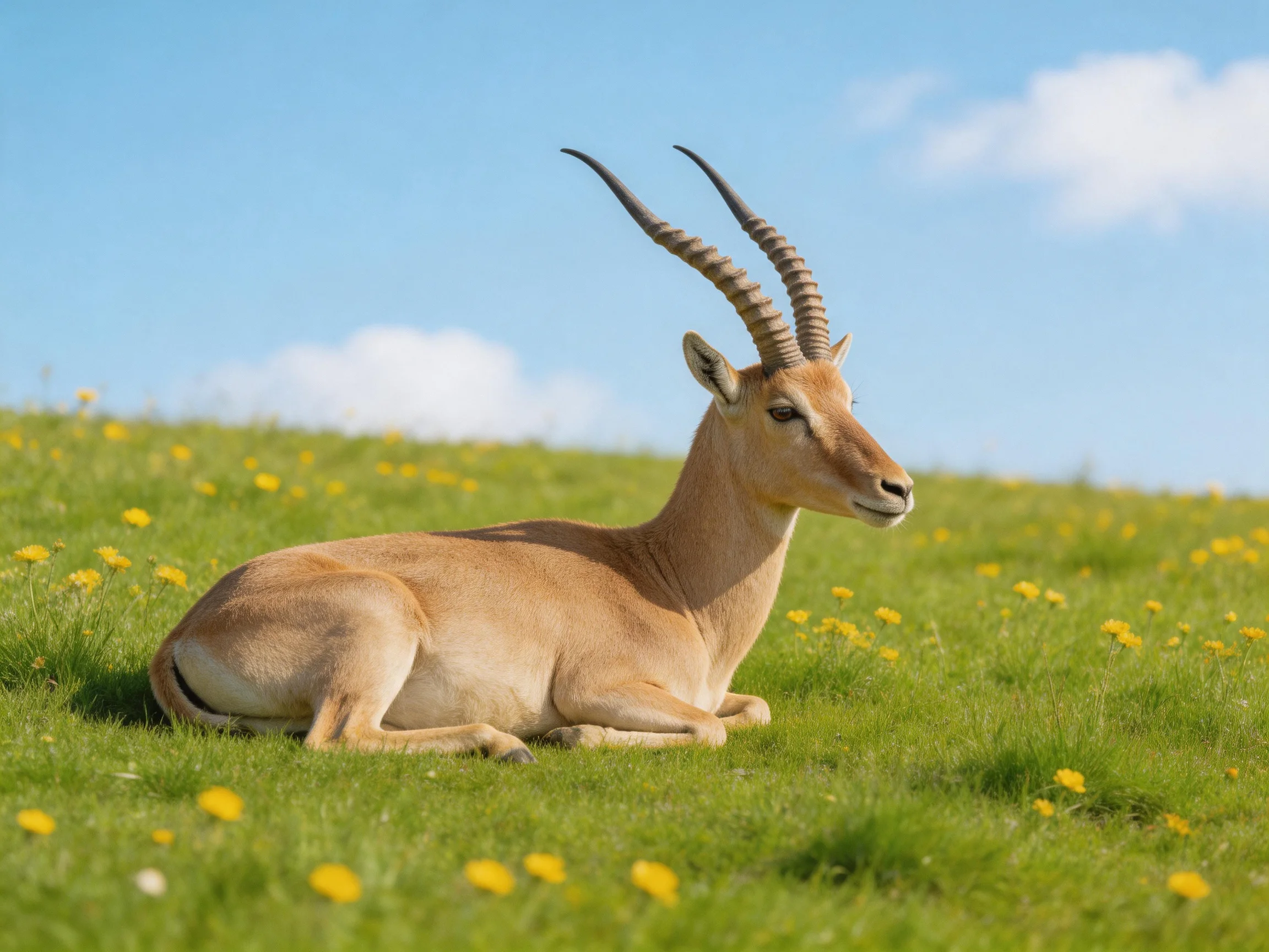 A gazelle rests in a verdant meadow with green grass and yellow wildflowers