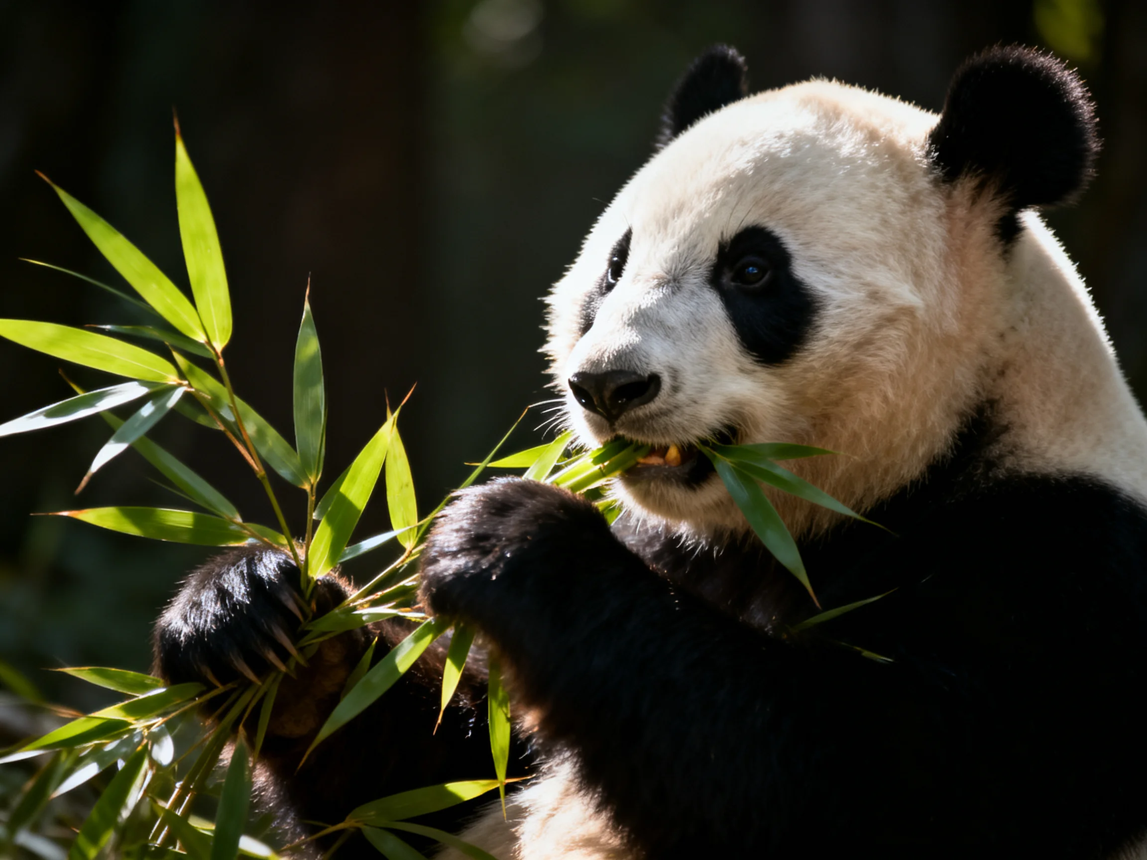 A giant panda consuming bamboo stalks in a shaded forest setting
