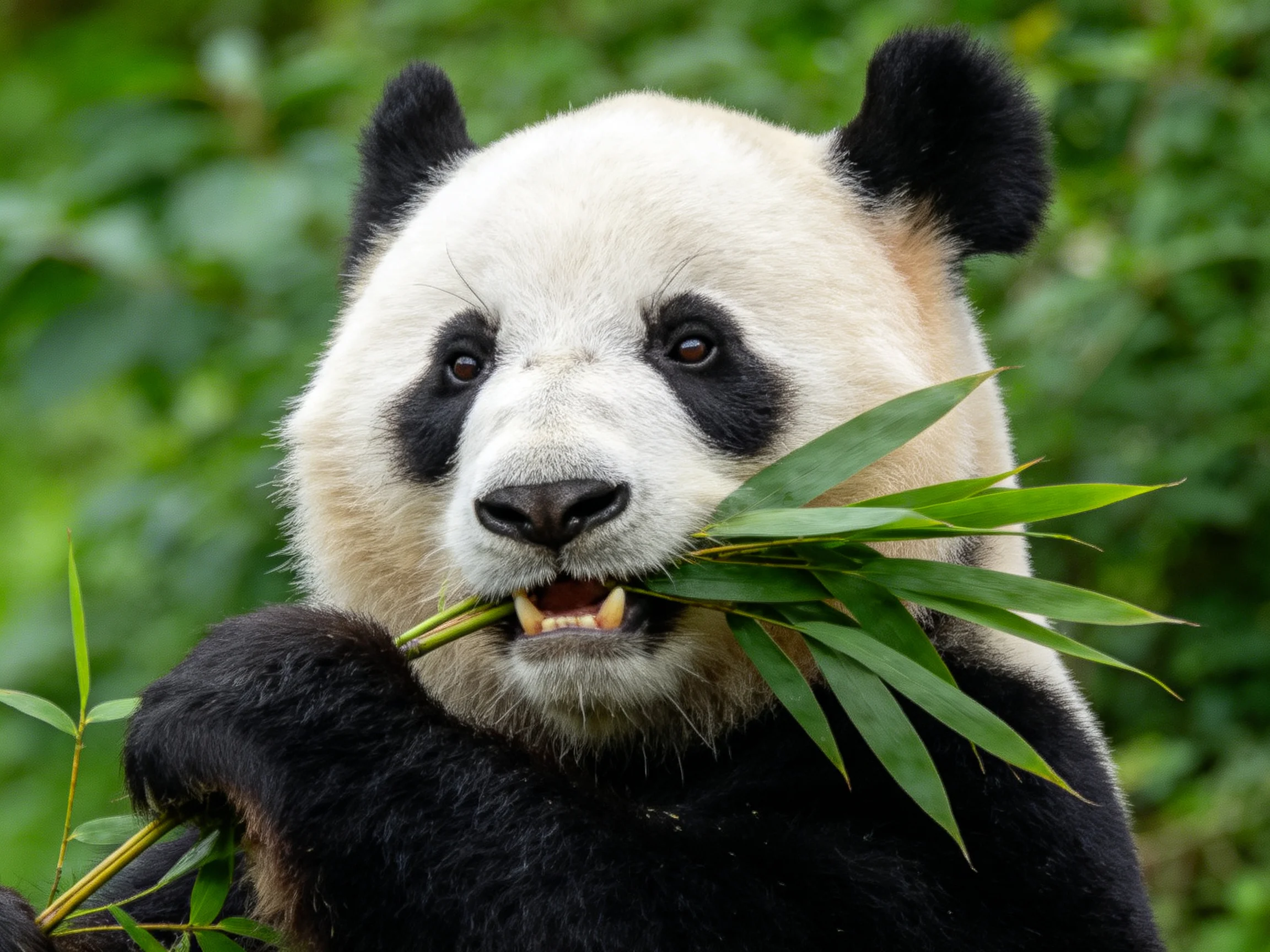 A giant panda munching bamboo amid lush green foliage