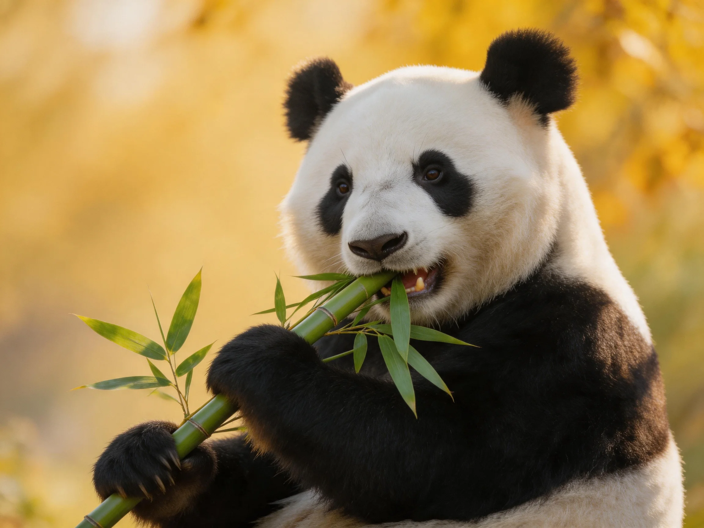 A giant panda munching vibrant green bamboo amid golden foliage