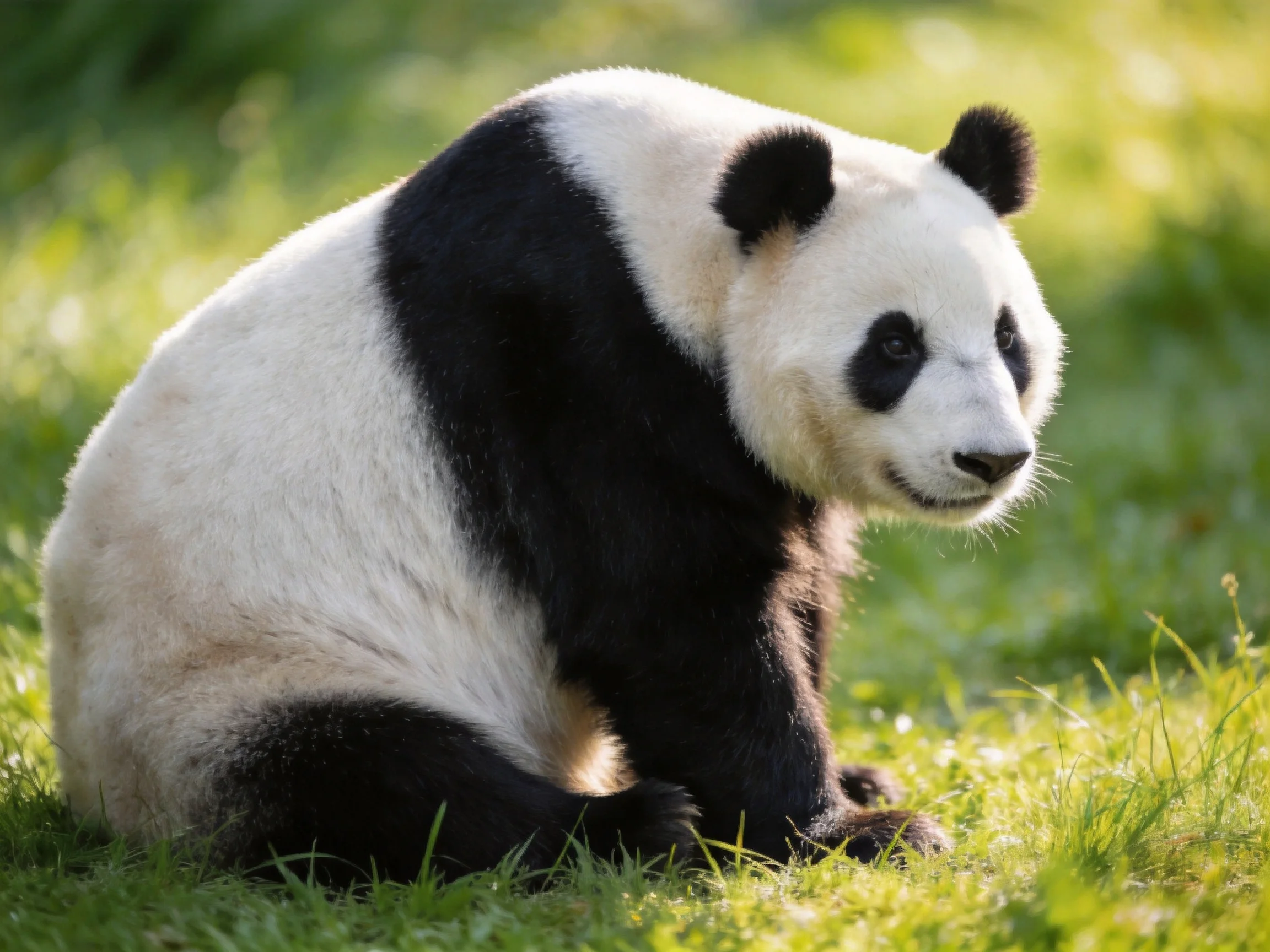 A giant panda sits on lush green grass with distinct black and white fur