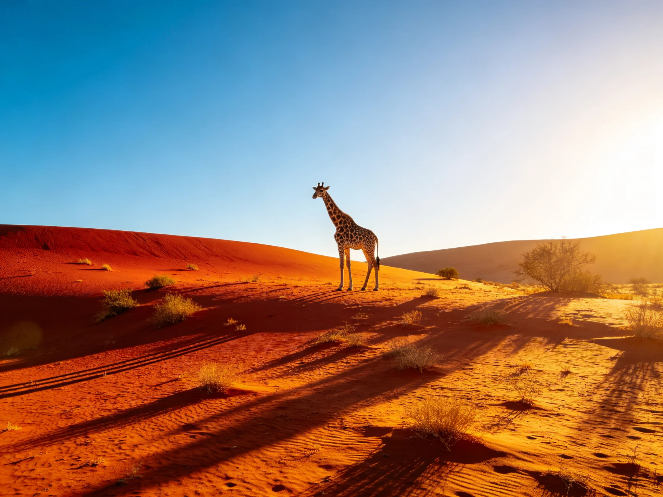 A giraffe amidst vibrant red sand dunes under a clear blue sky