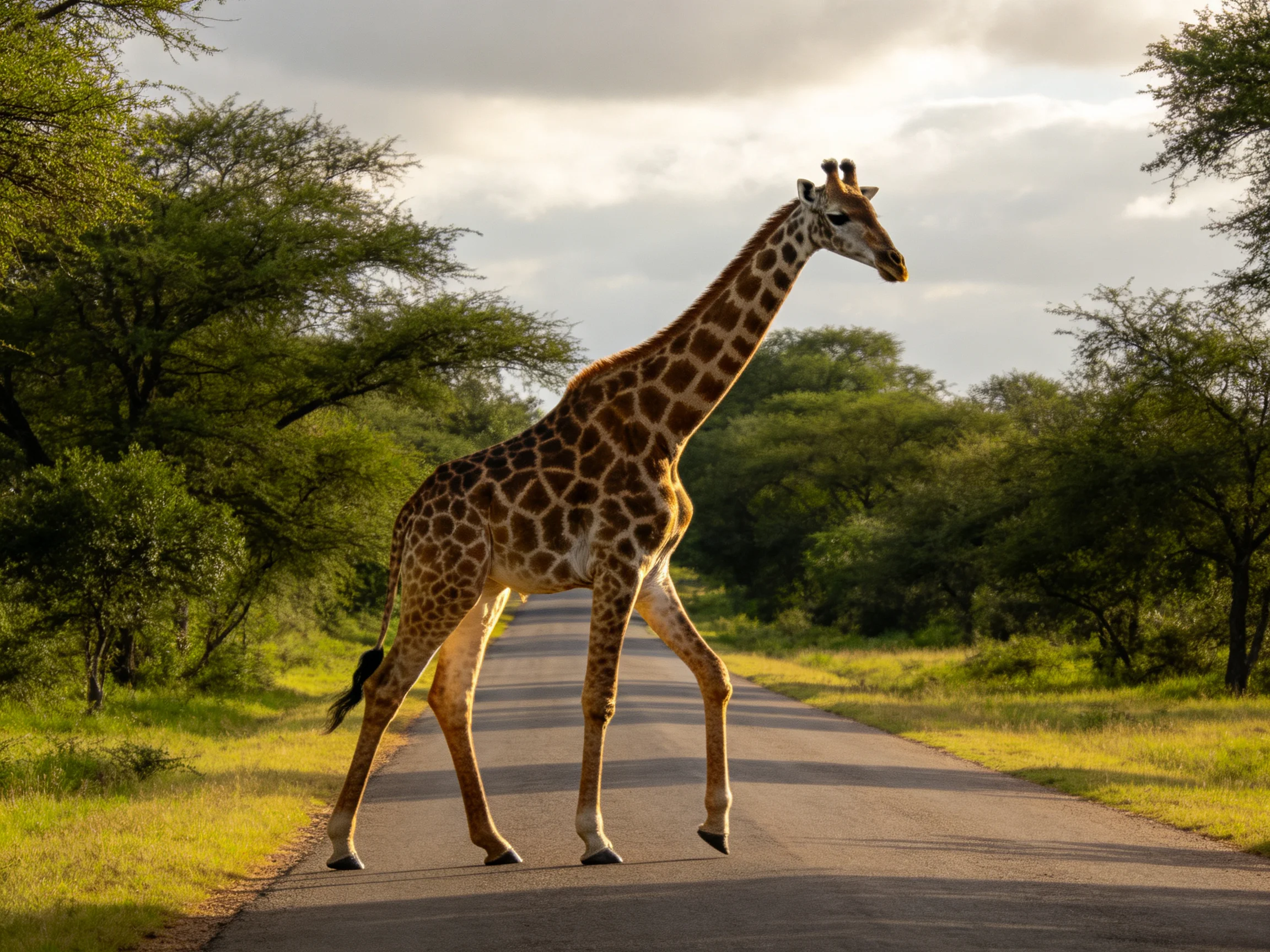 A giraffe crosses a paved road amidst lush greenery