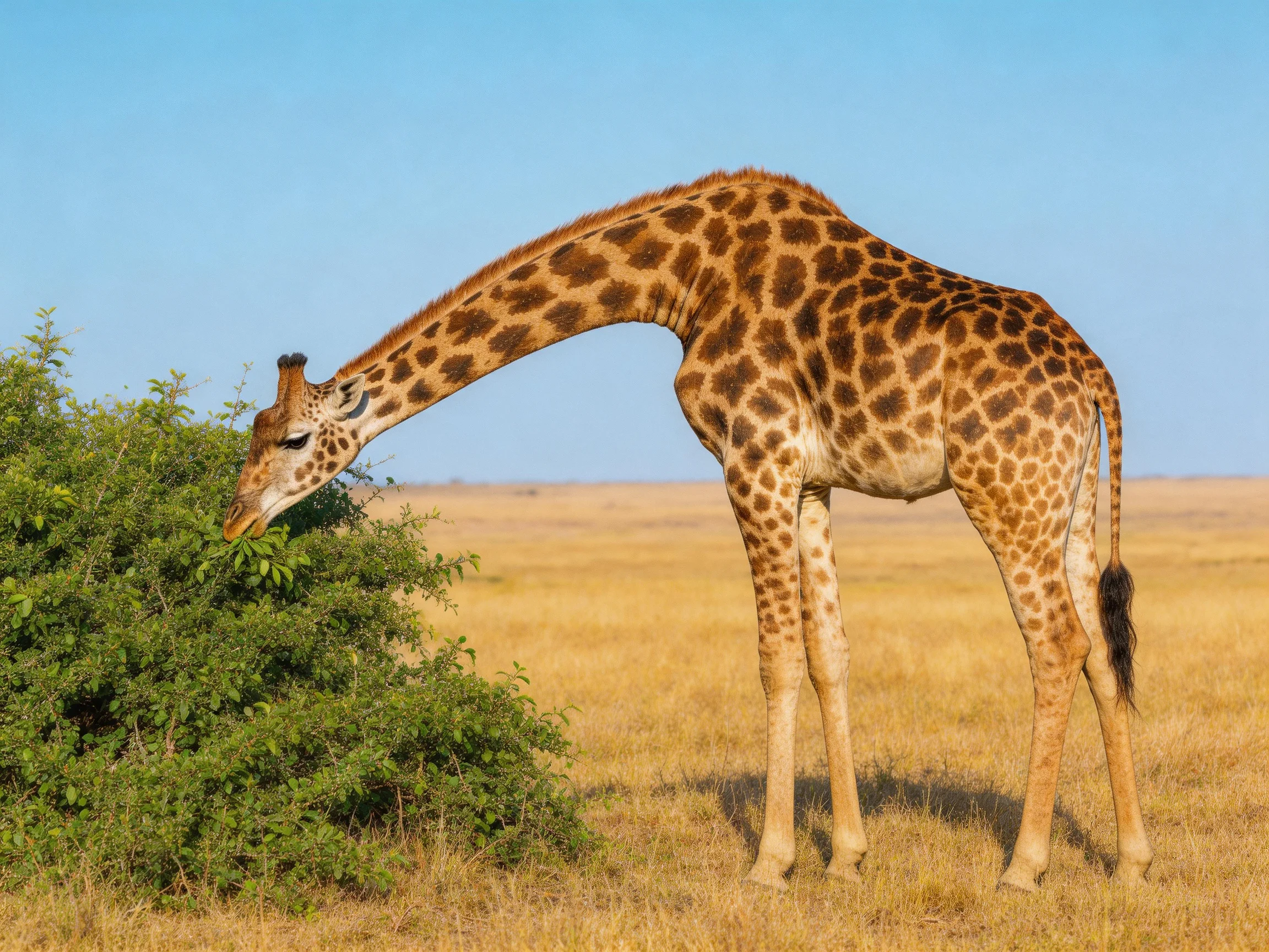 A giraffe feeding from a green bush in golden savannah