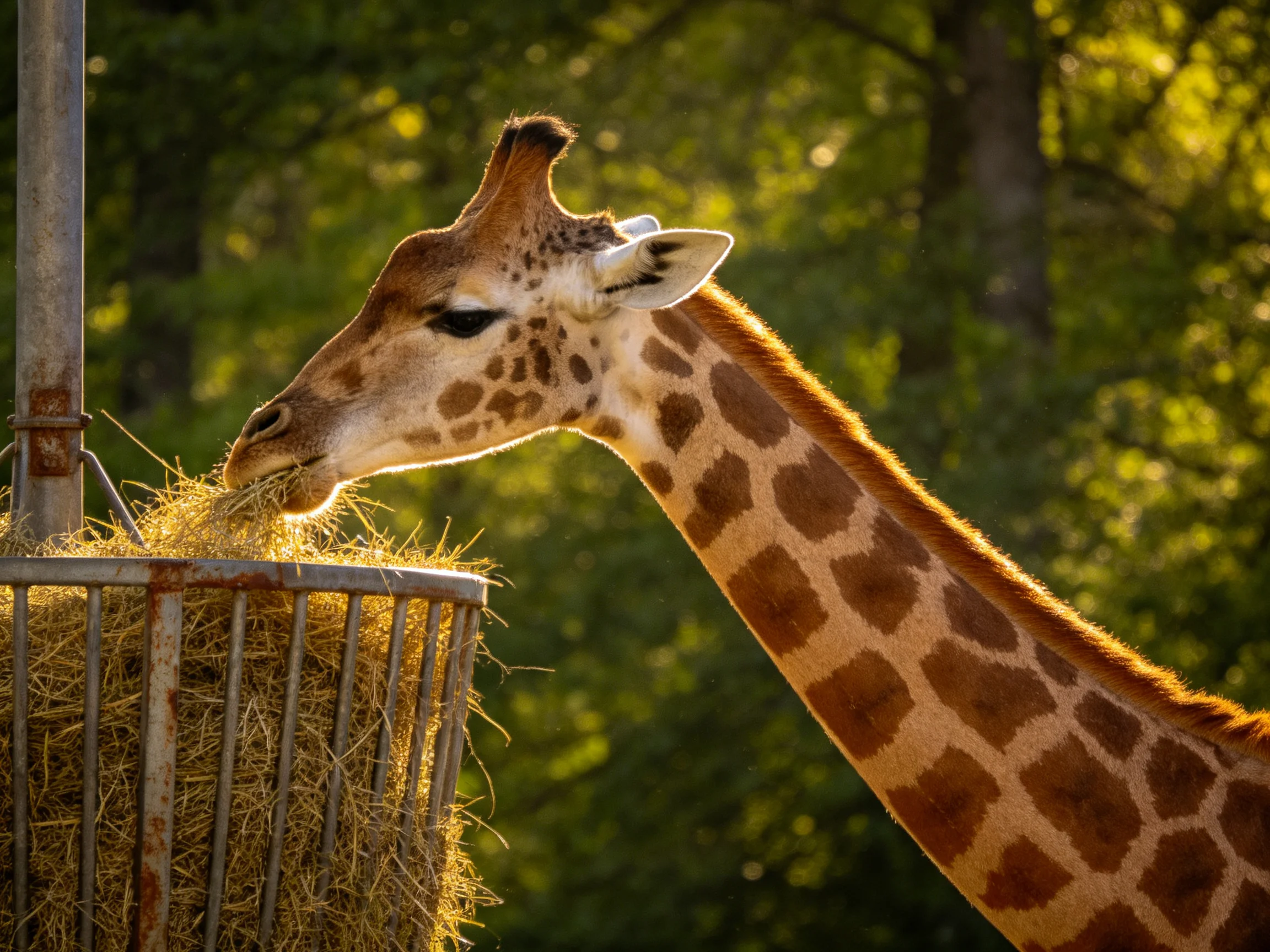A giraffe feeding from a rusty metal hay basket amid green foliage