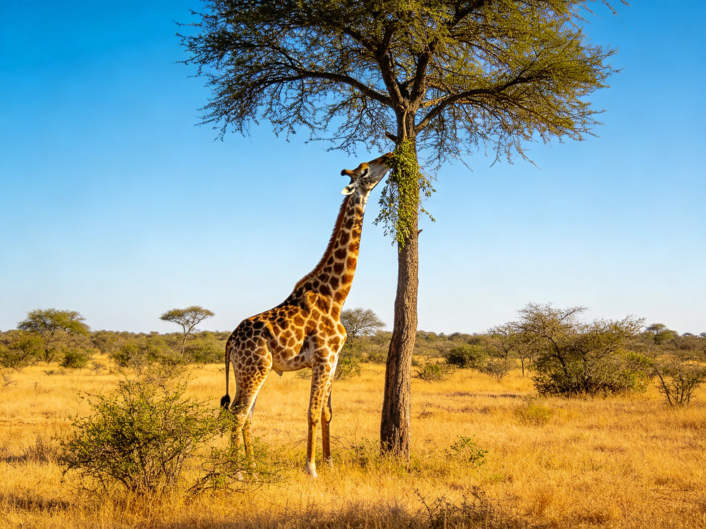 A giraffe feeding from a tall acacia tree in golden savannah