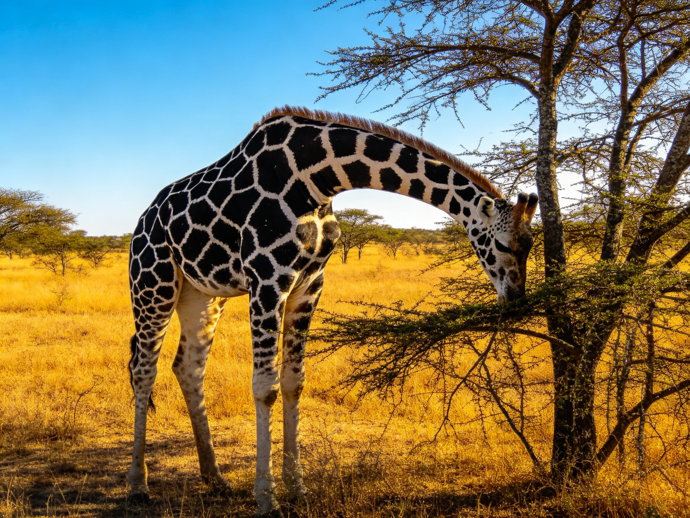 A giraffe feeds on tree foliage in a sunlit savannah landscape.