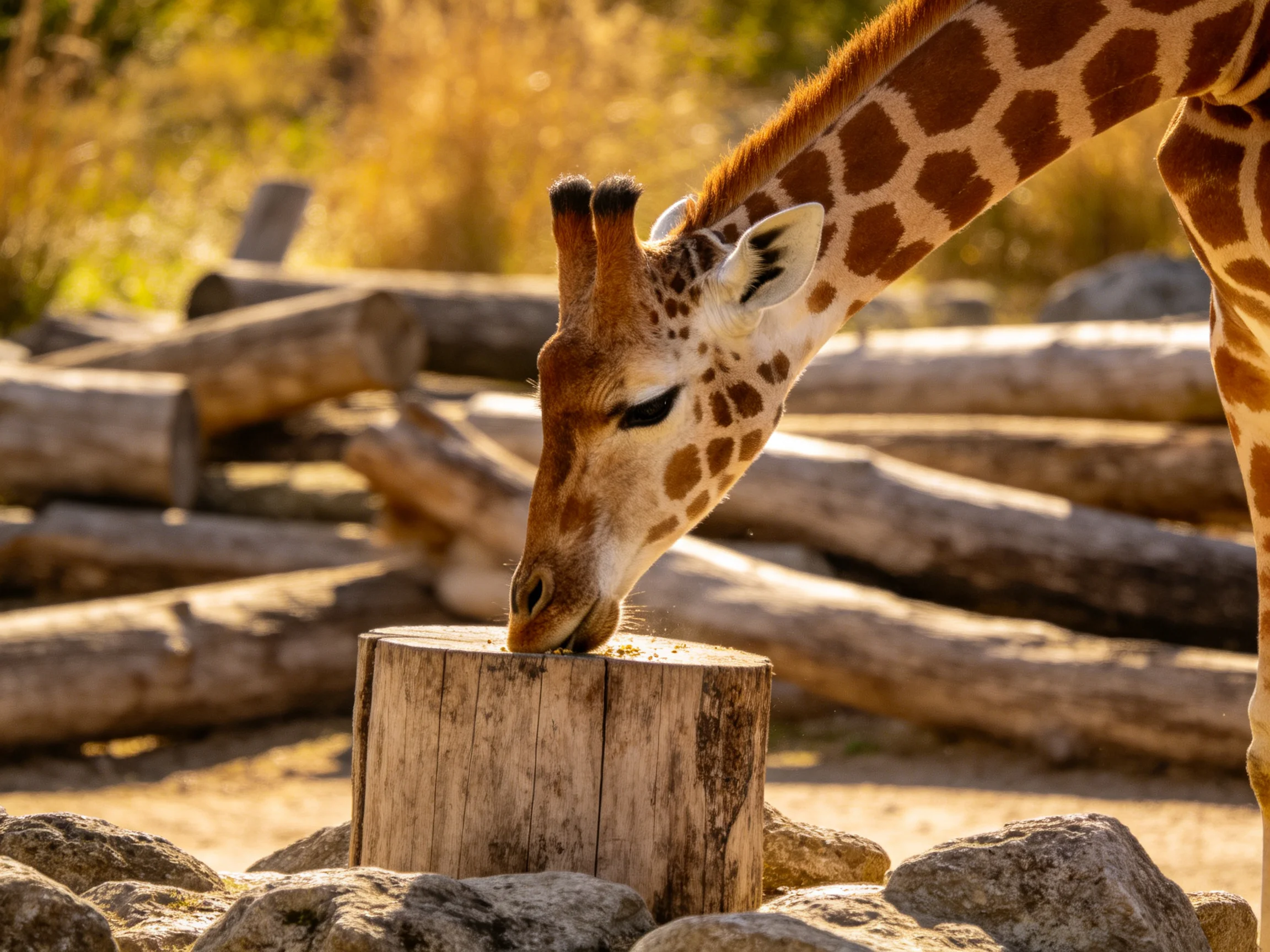 A giraffe eats from a wooden stump amid stacked logs and rocks.