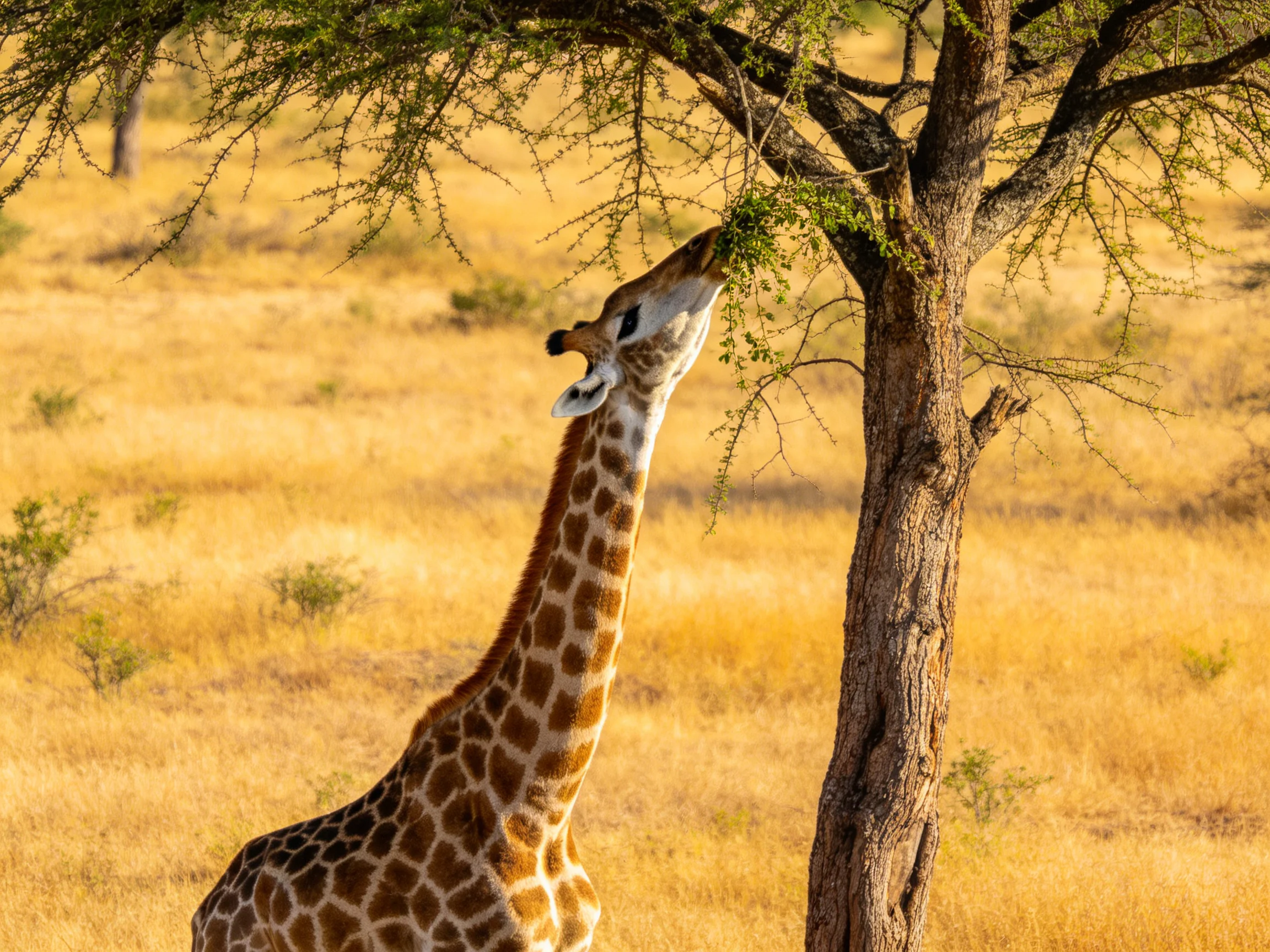 A giraffe eats leaves from a tree in a golden savannah landscape.