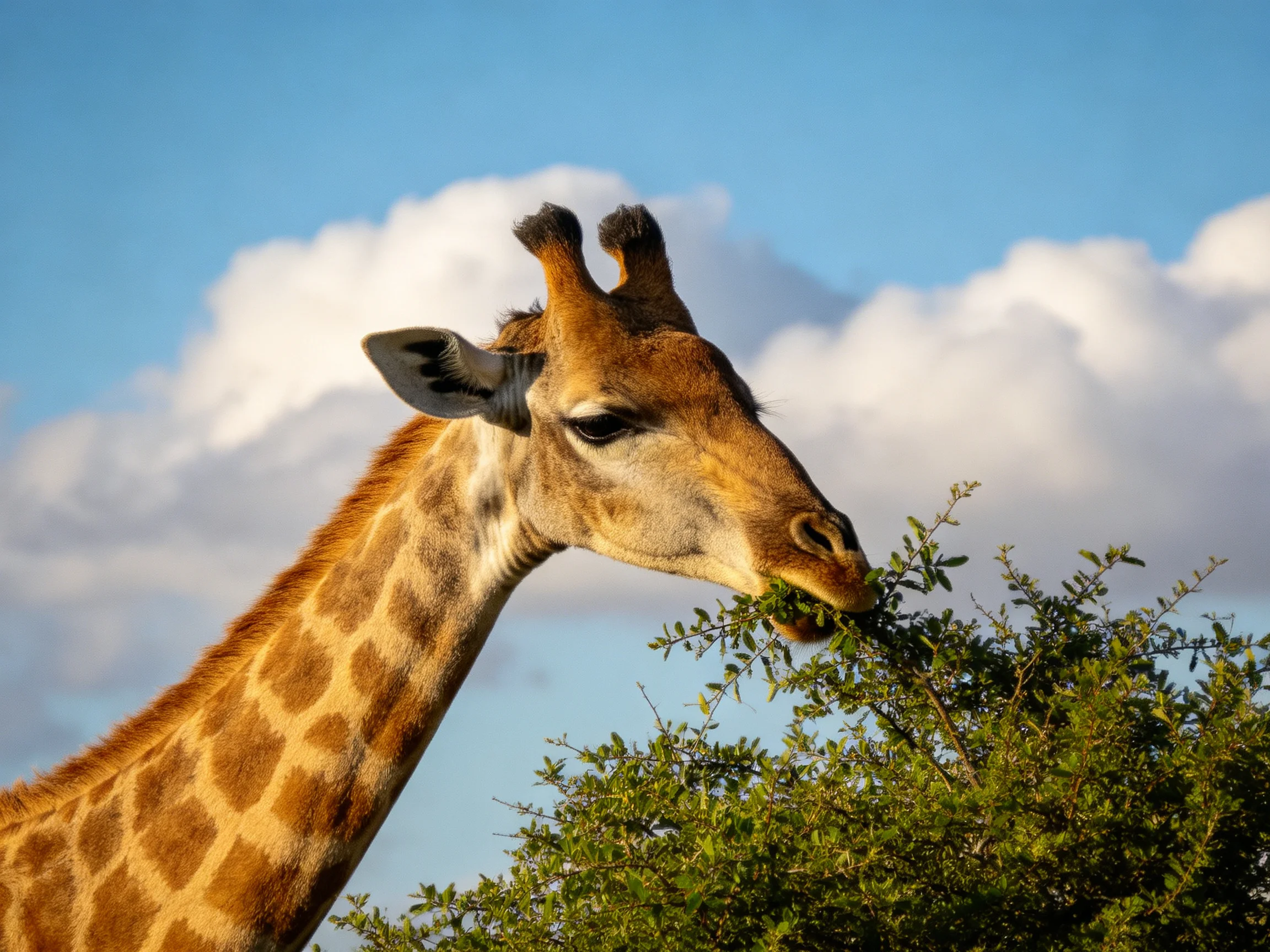 A giraffe feeding on green foliage beneath a bright blue sky with white clouds