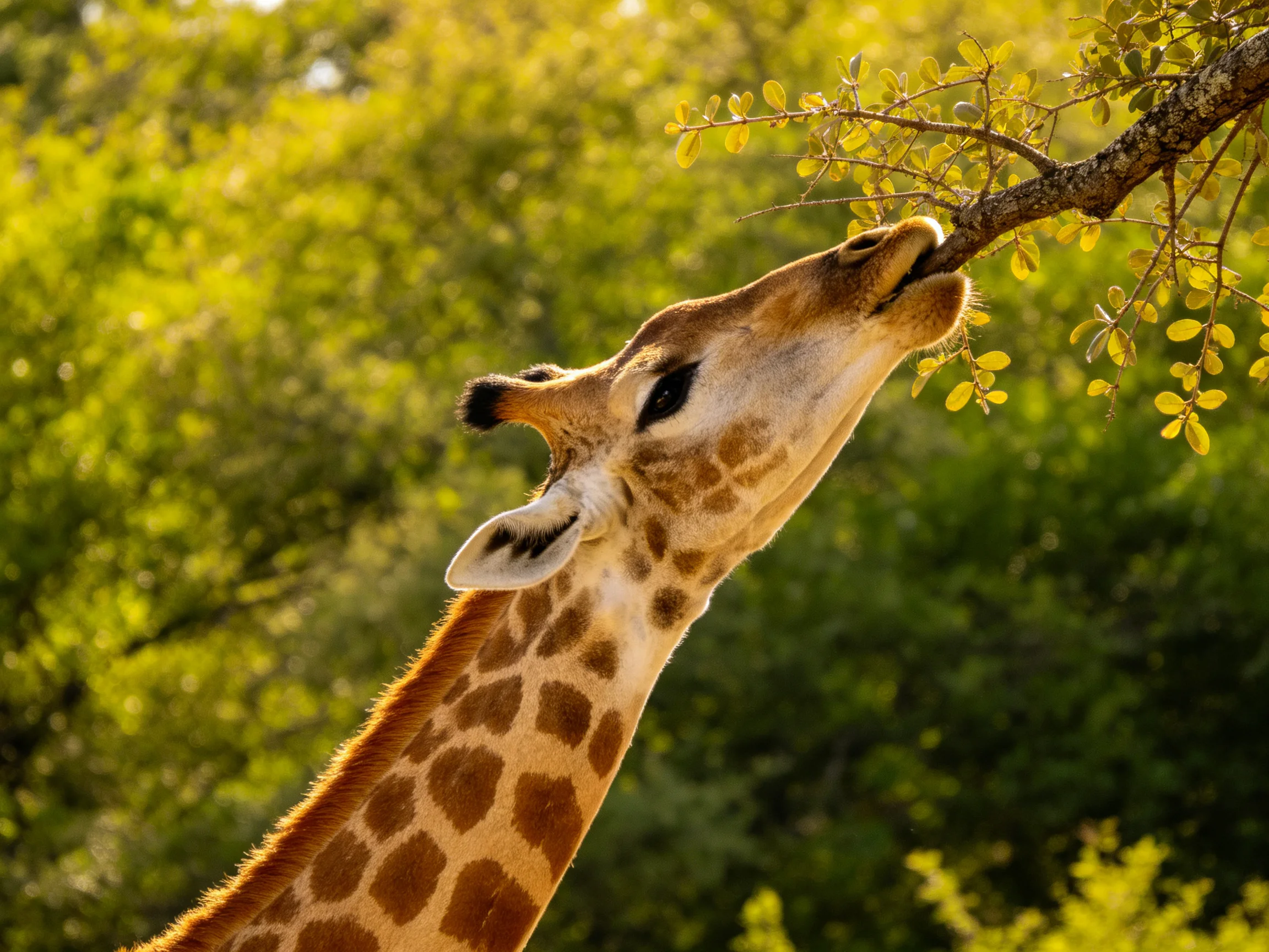 A giraffe reaches up to eat leaves from a tree in a sunlit forest.