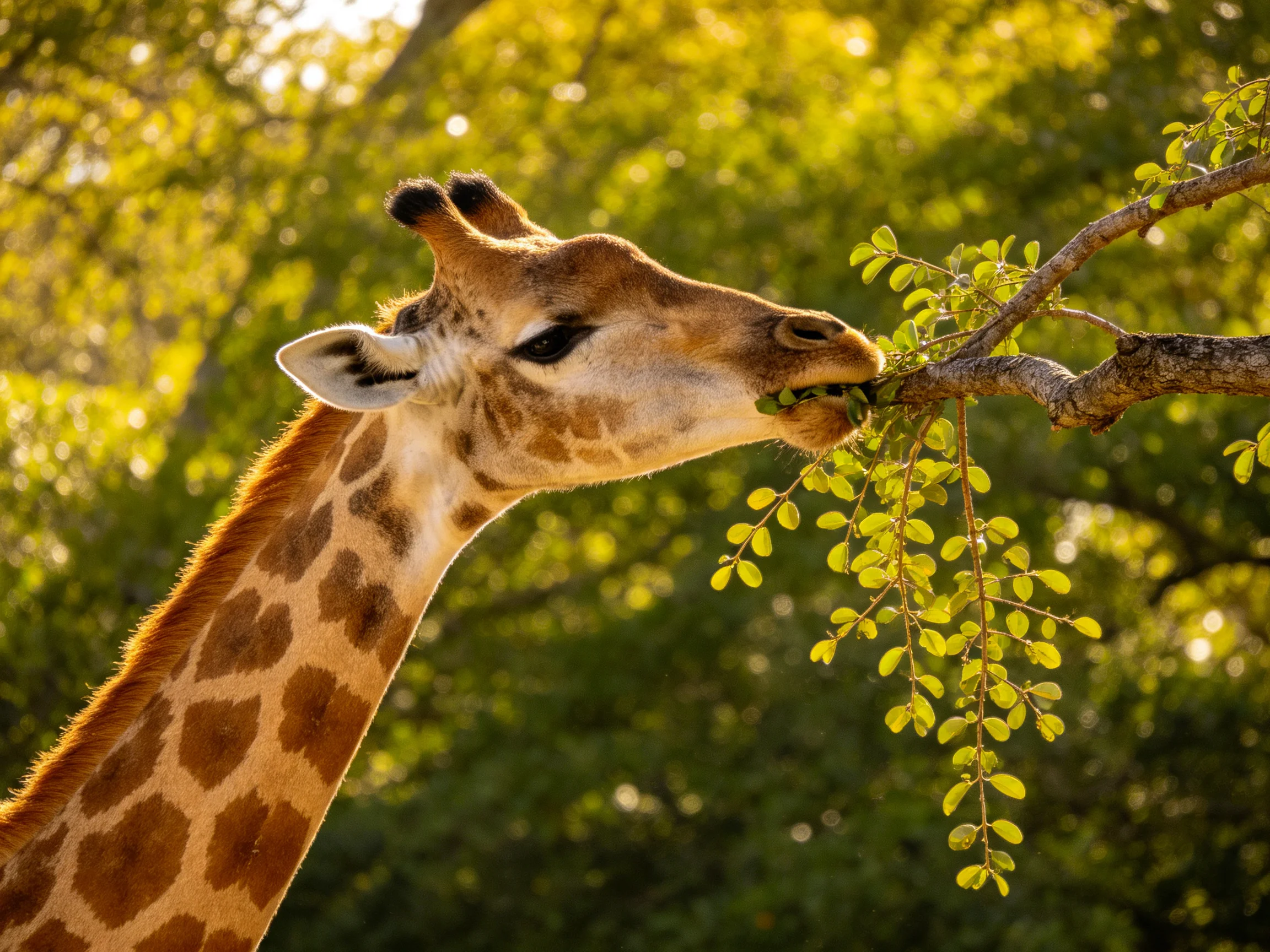 A giraffe eats fresh green leaves from a tree amidst sunlit foliage.