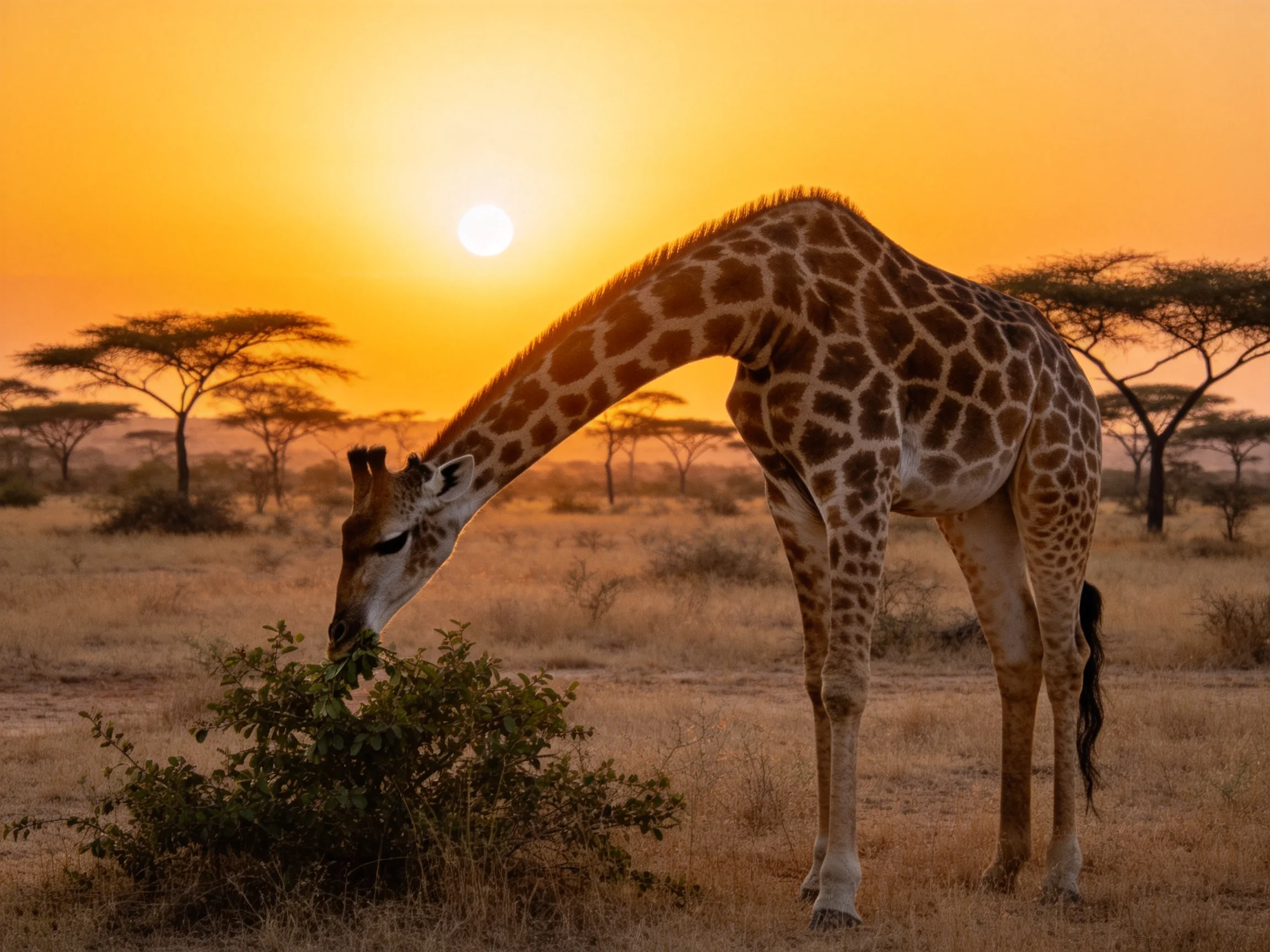 A giraffe feeds from a bush amid acacia trees at sunset