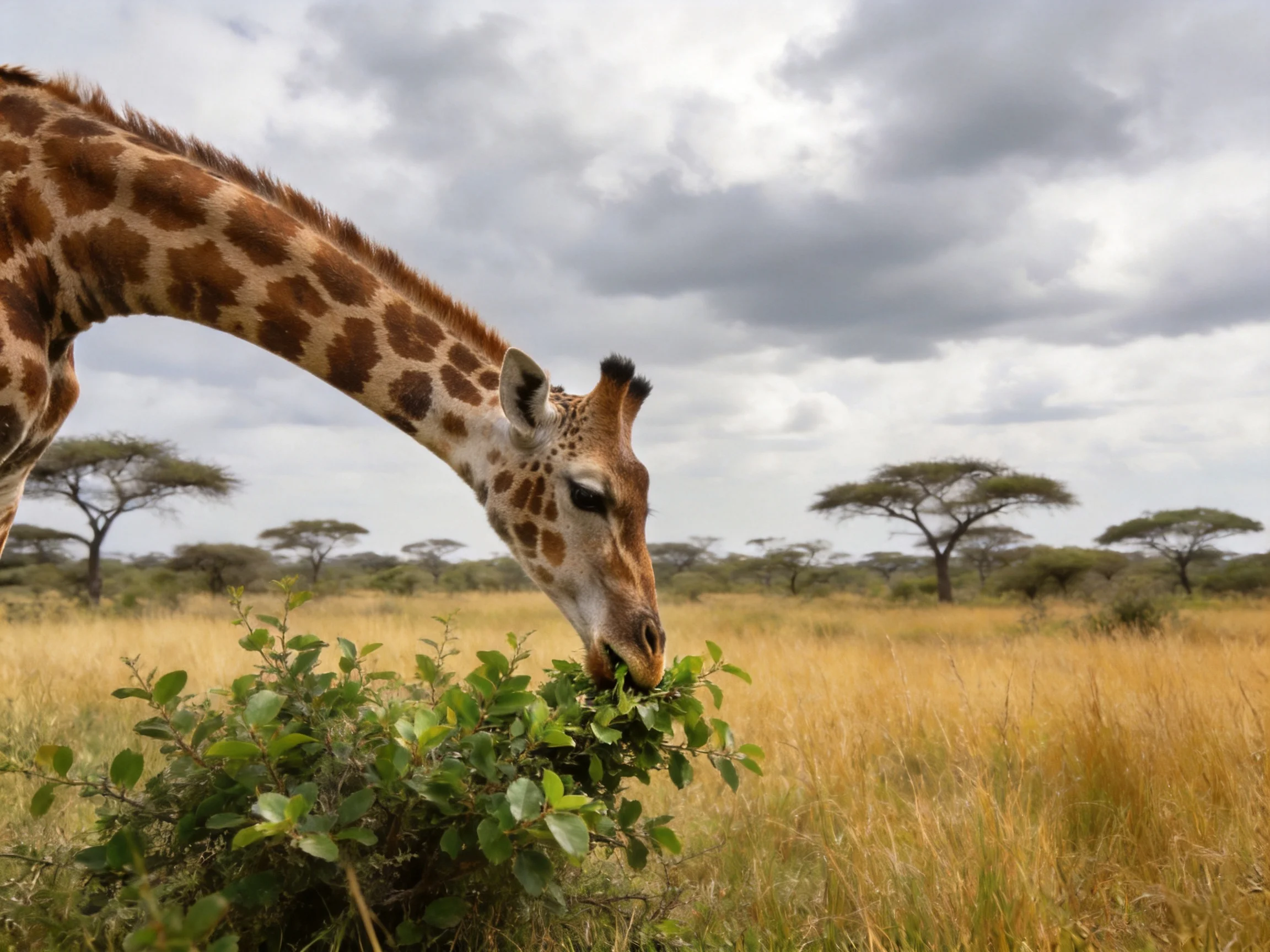 A giraffe feeds on bushes amid golden savannah grasses under cloudy skies