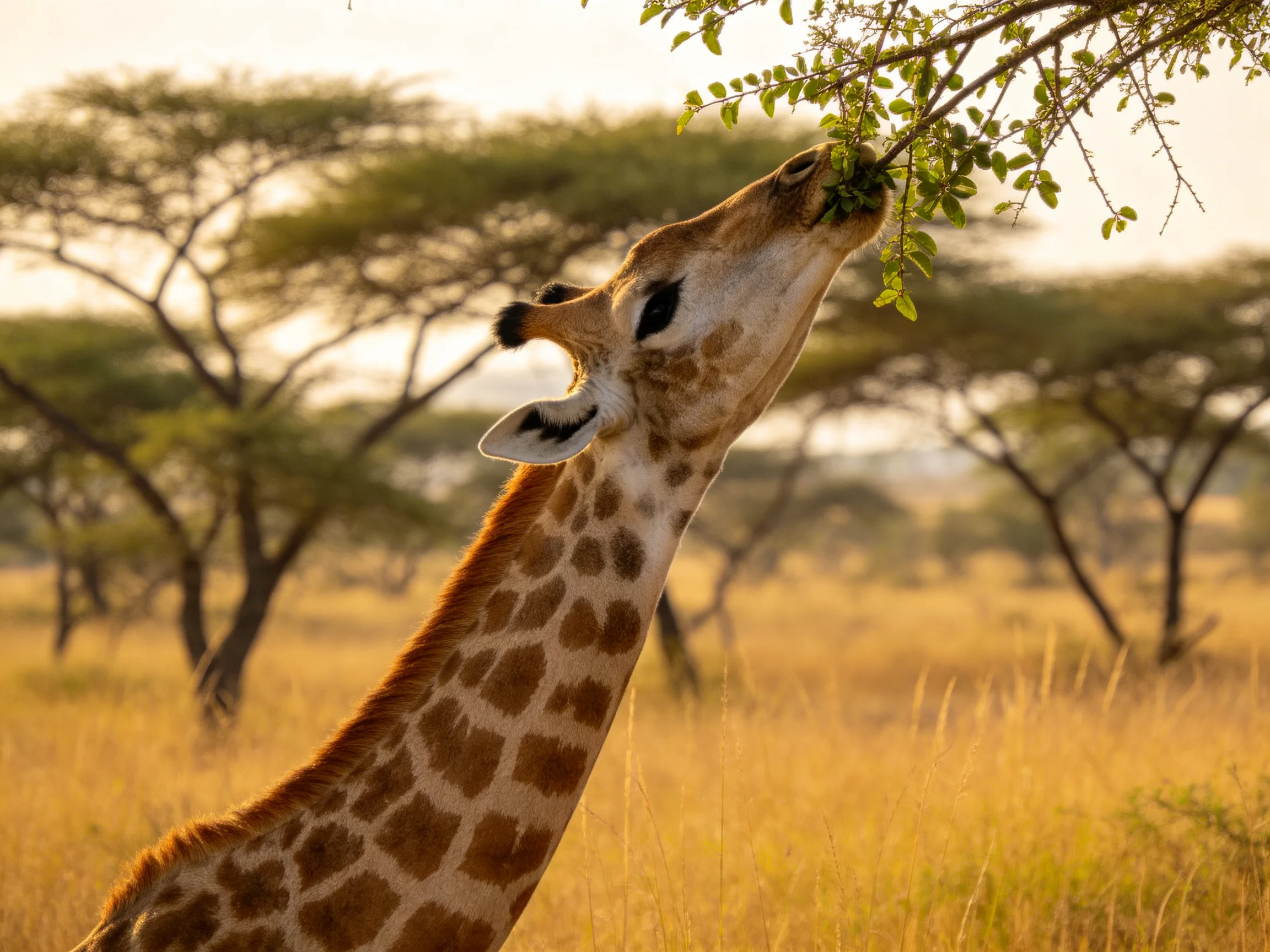 A giraffe feeds on green foliage among golden savannah trees