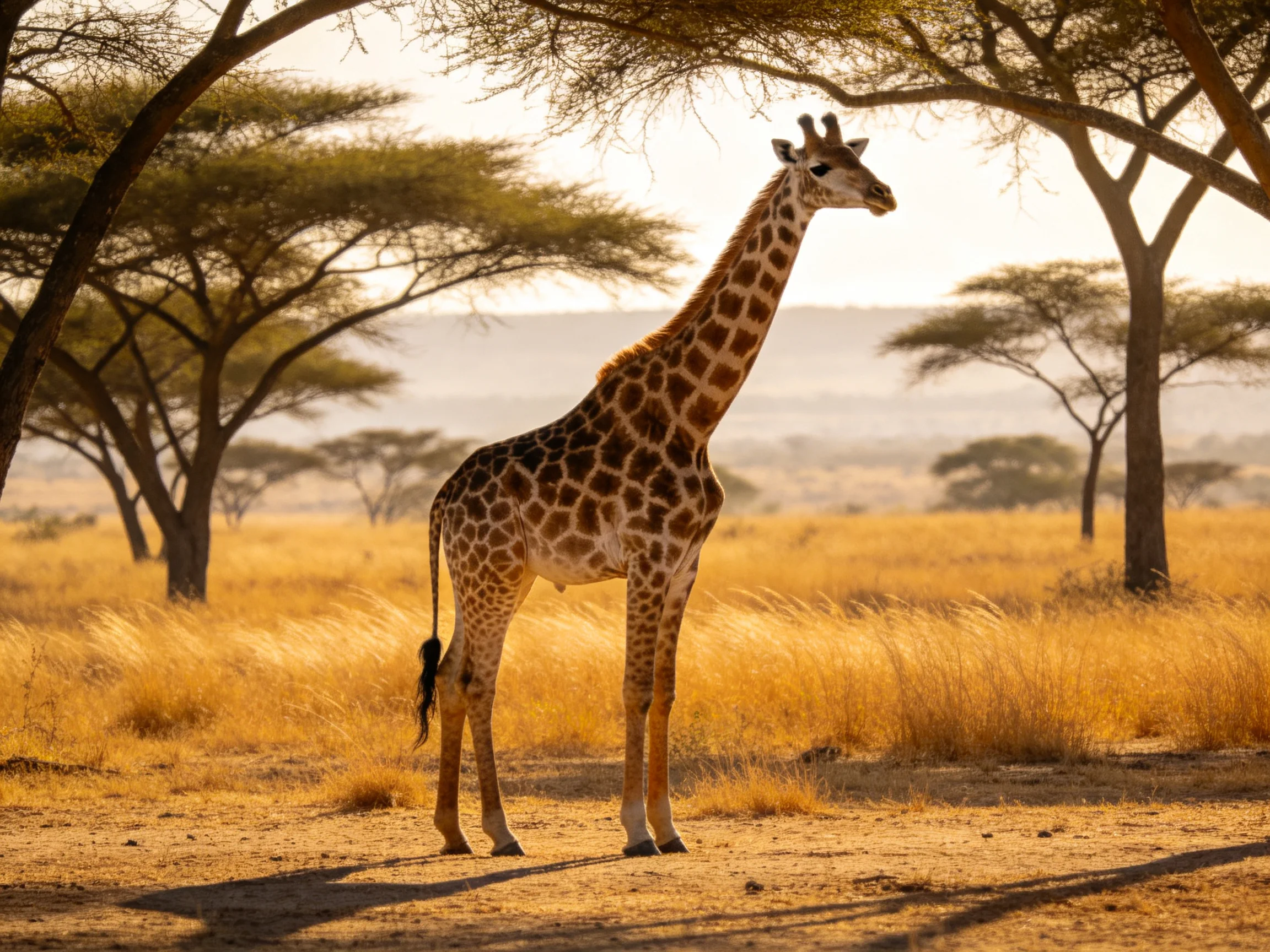 A giraffe in golden savannah near acacia trees