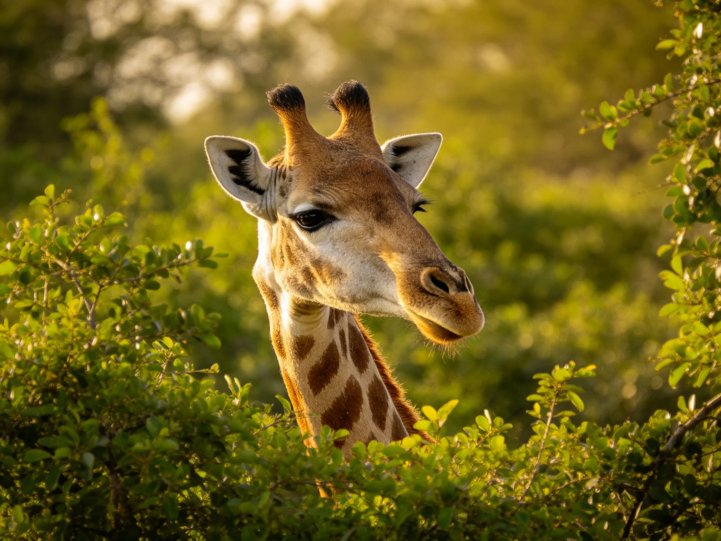 A giraffe nestled among dense green bushes under golden sunlight