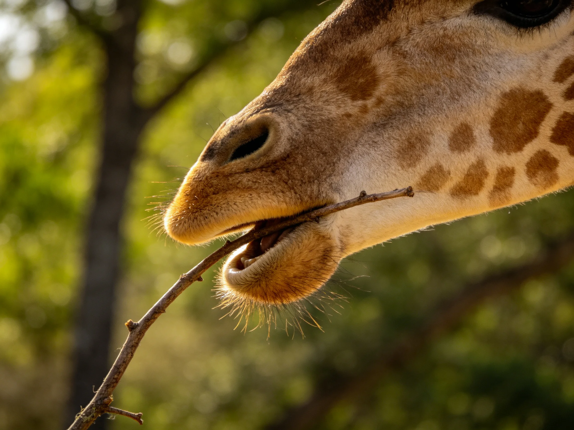 A giraffe nibbles a thin brown branch in lush green surroundings