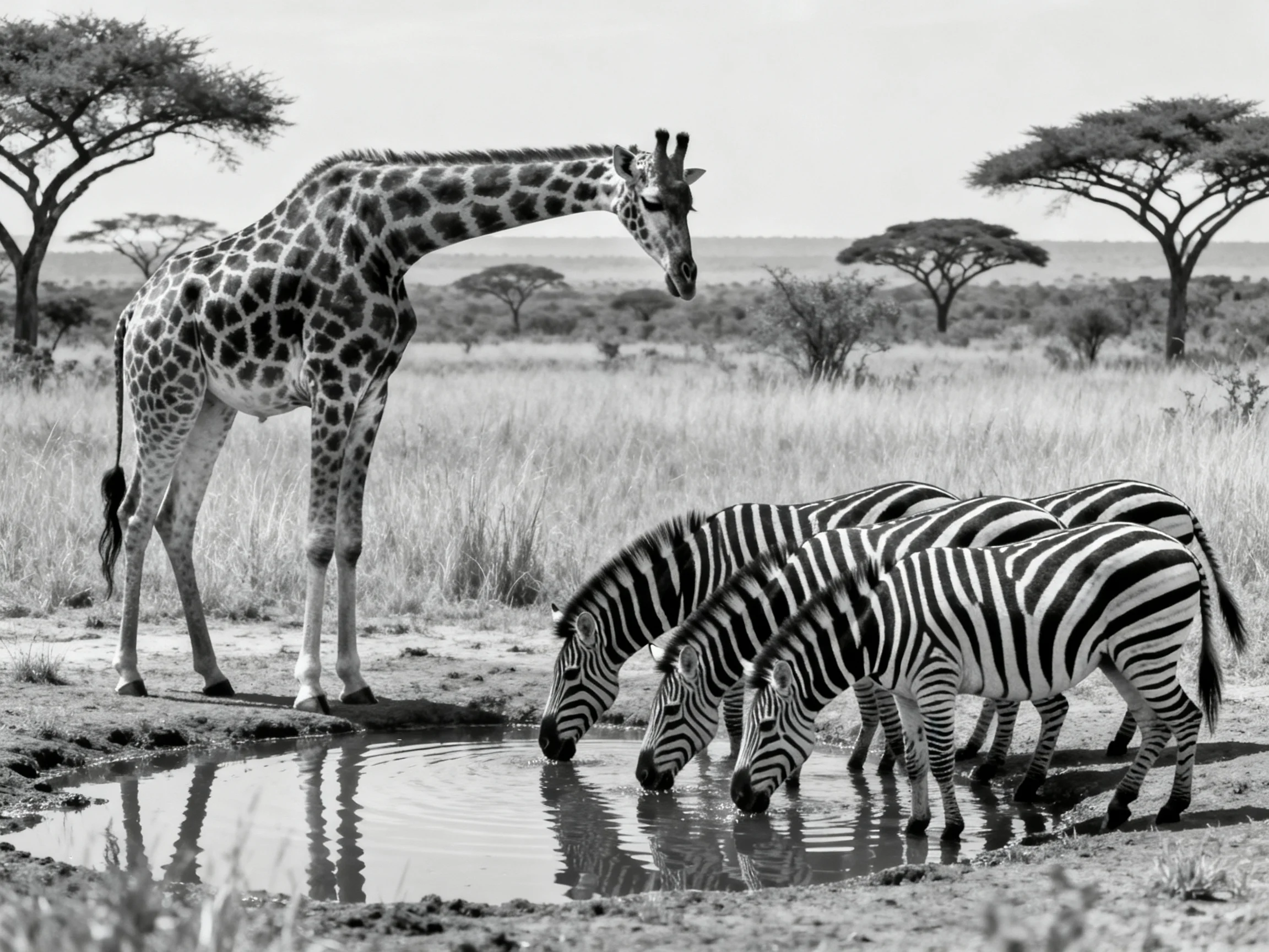 A giraffe observes zebras drinking at a savannah waterhole