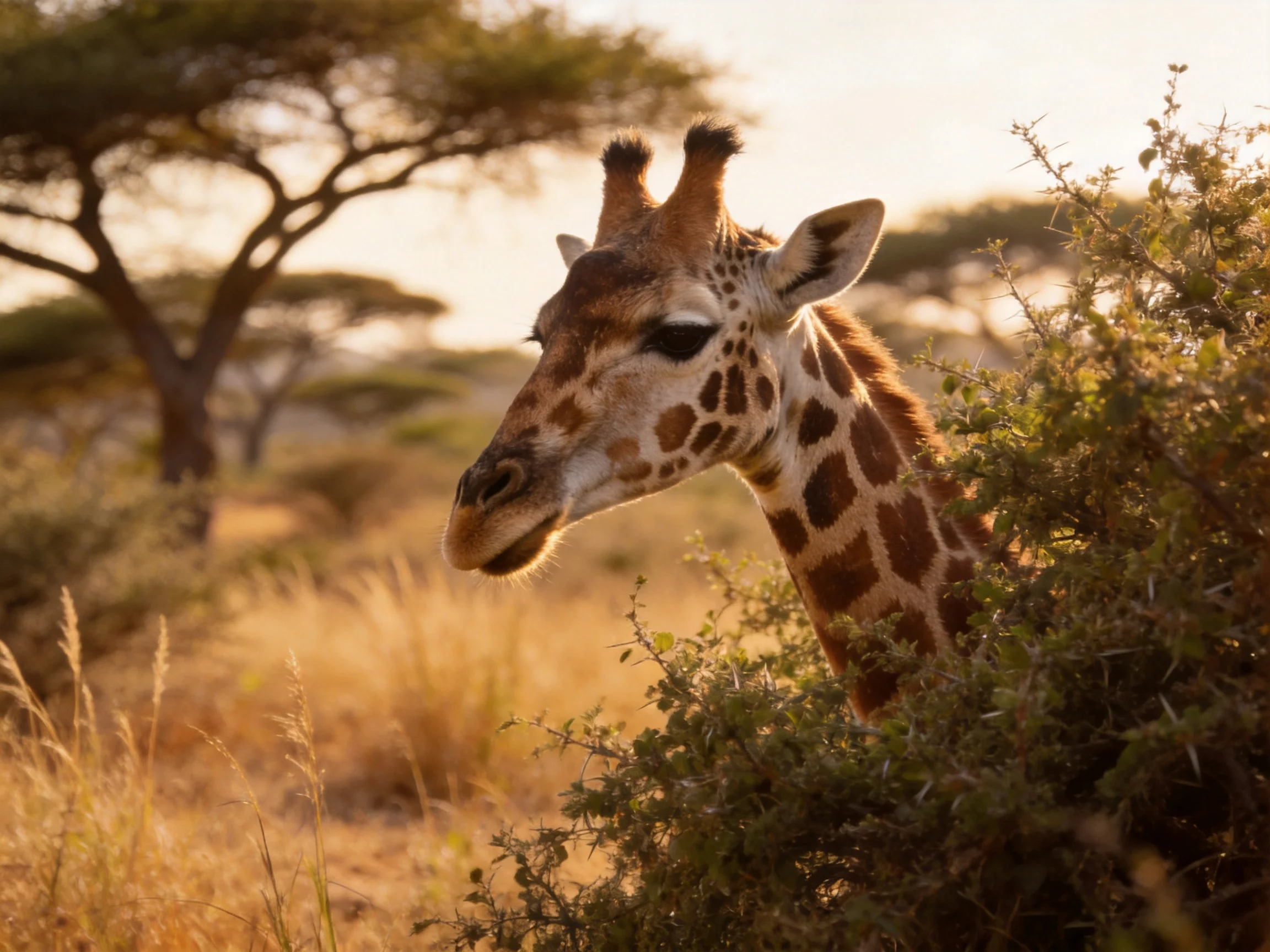 A giraffe partially hidden among bushes in golden savannah