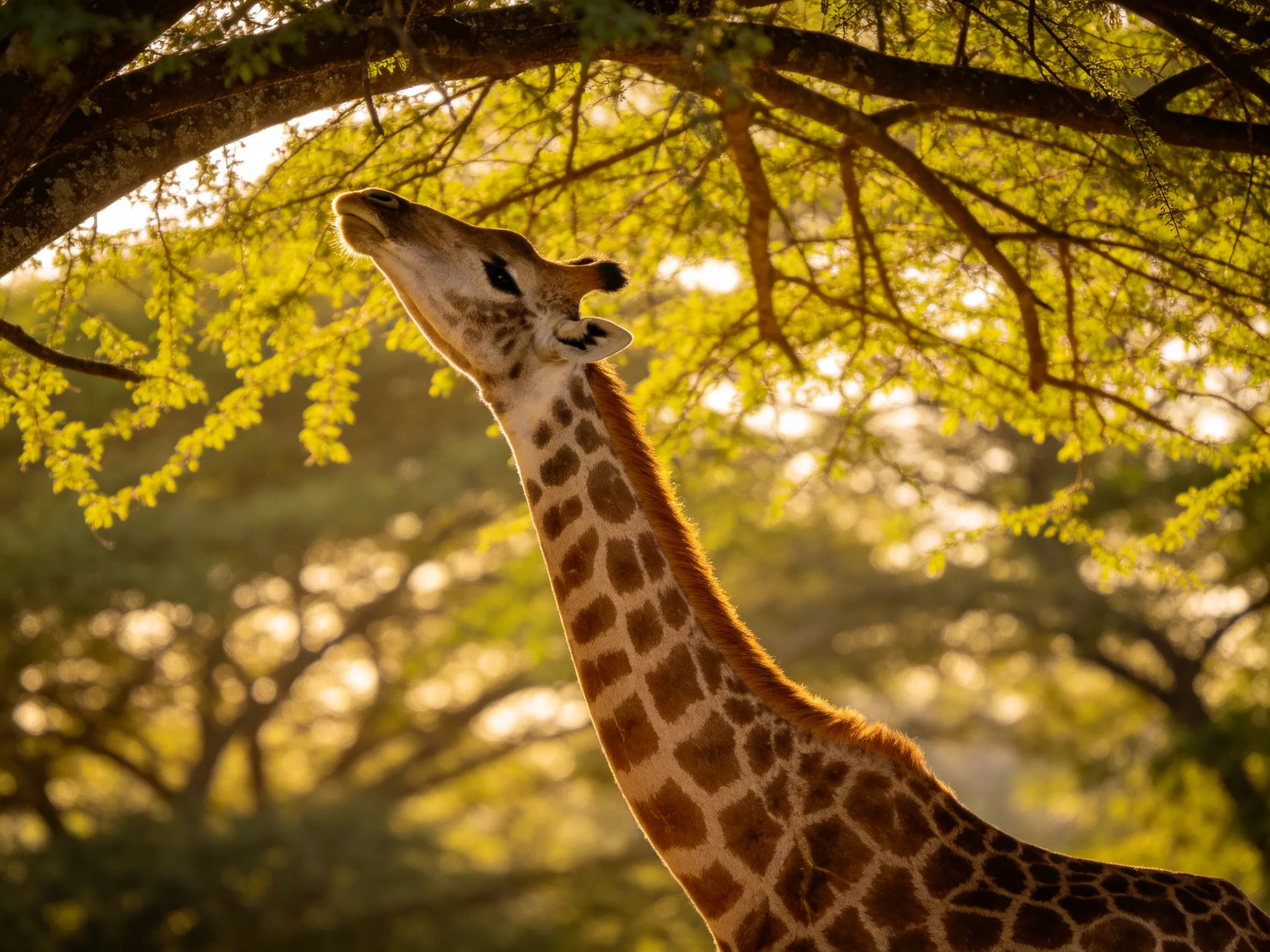 A giraffe stretches its neck toward sunlit tree leaves.