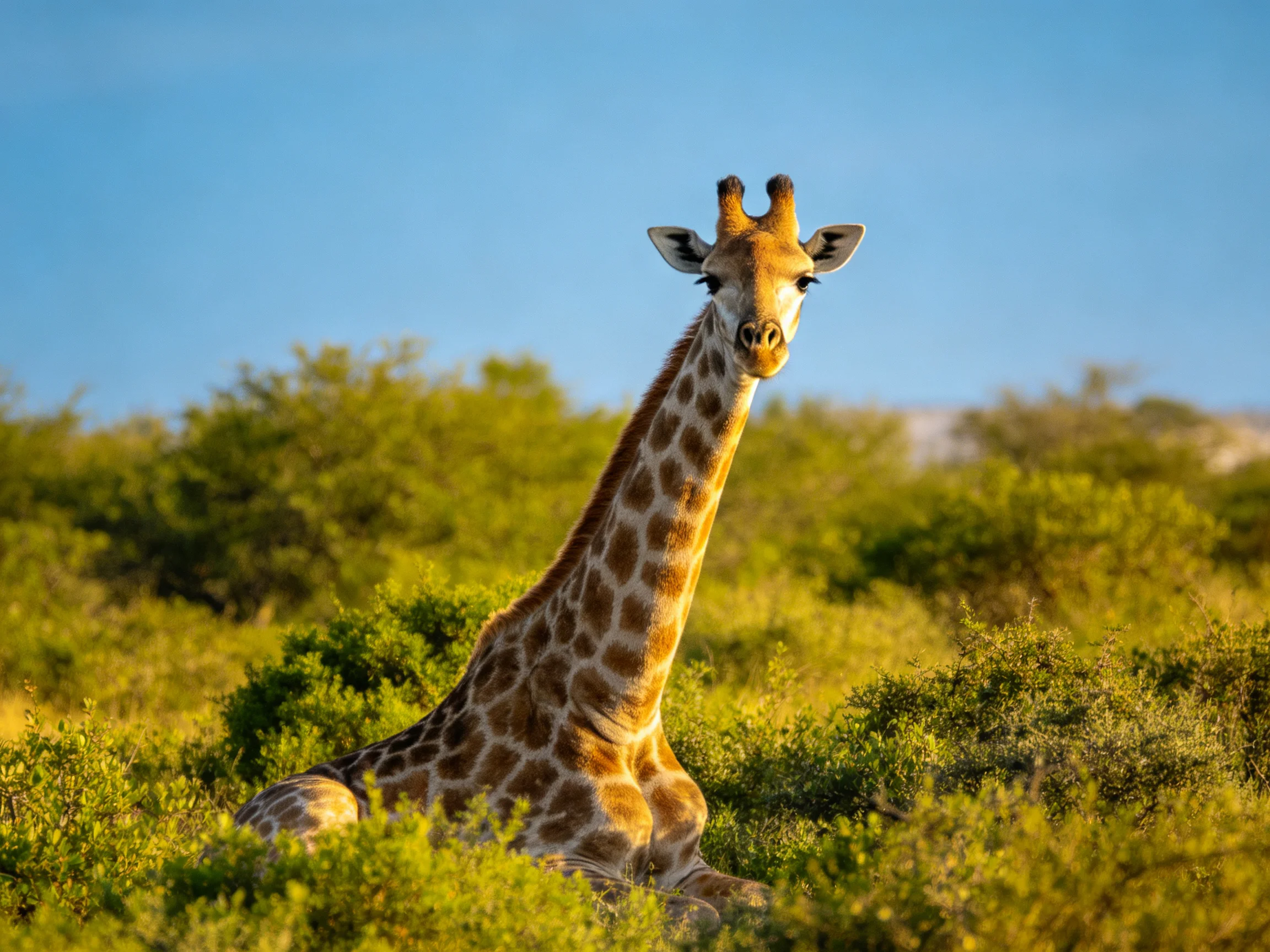 A giraffe rests amid dense green shrubbery under a clear blue sky
