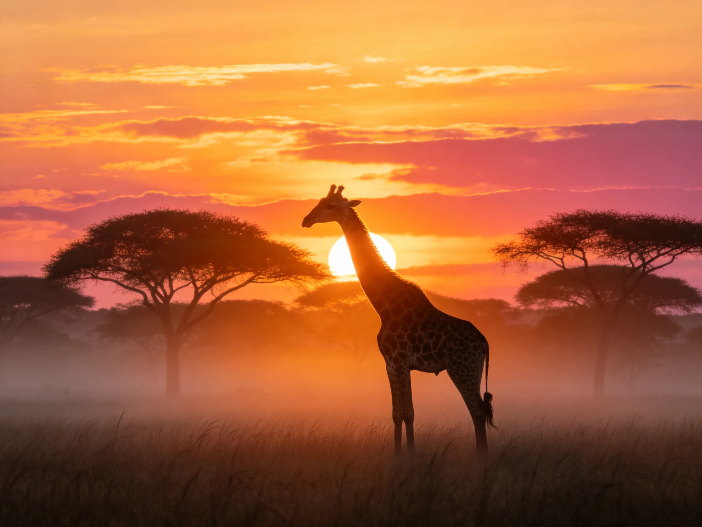 A giraffe silhouetted against a vibrant African sunset landscape
